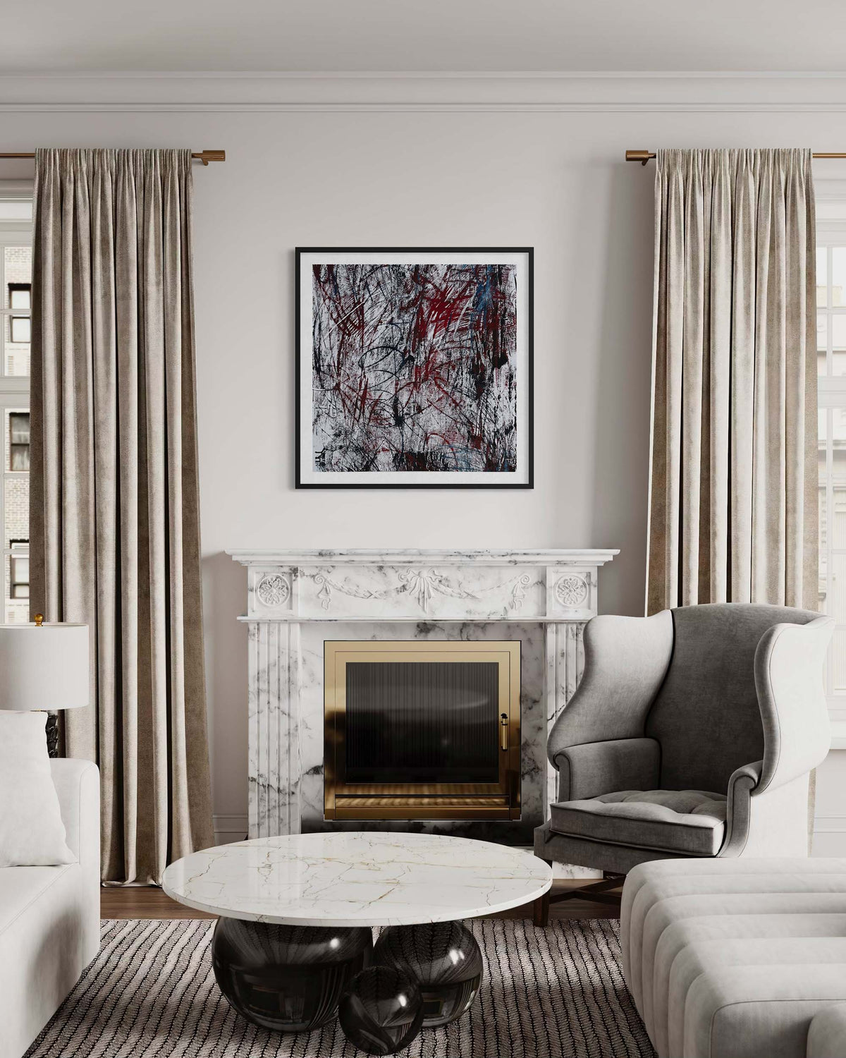 Living room with marble fireplace, abstract art, and modern furniture.