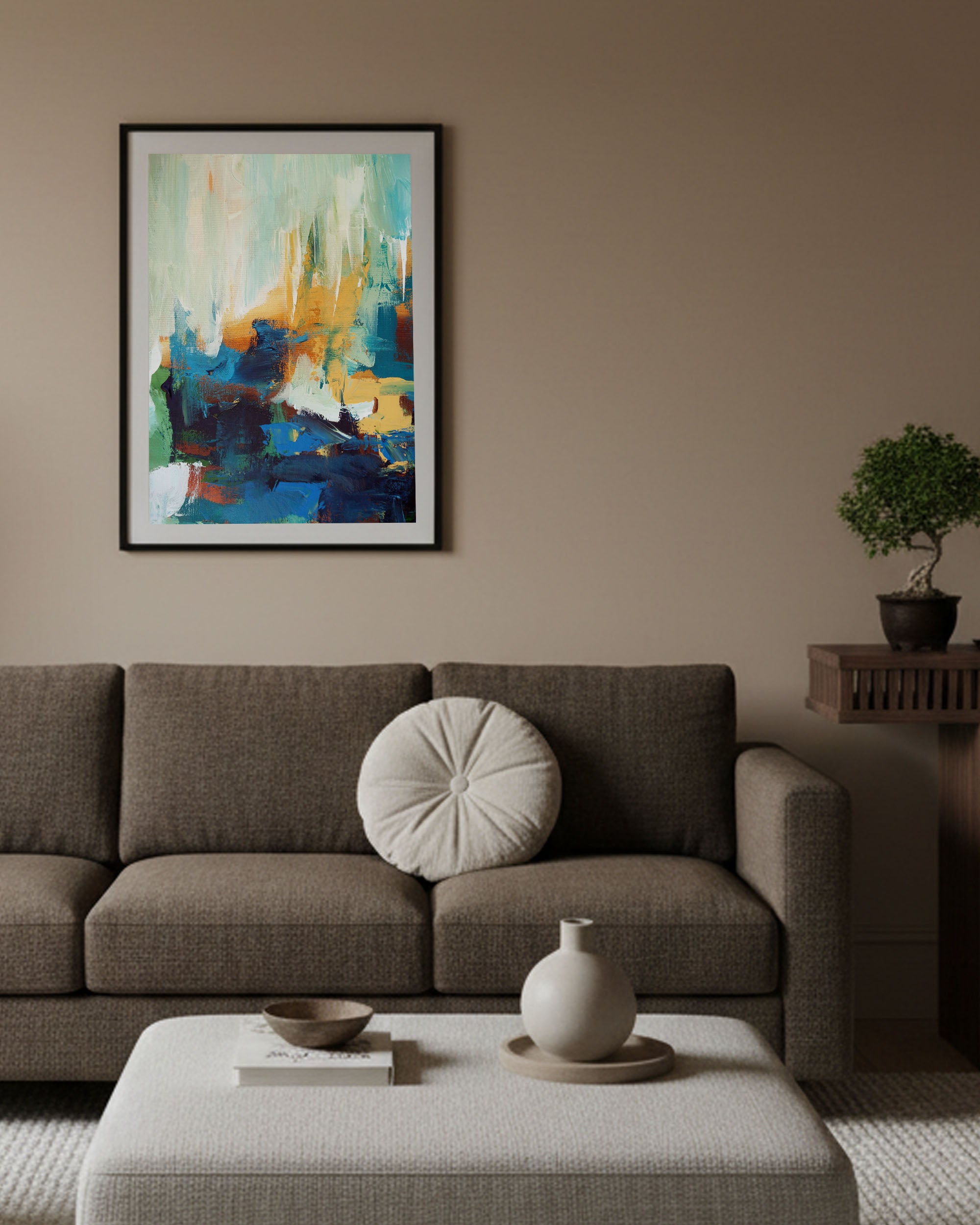 colourful pop of colour on brown japandi inspired interior, modern scandinavian furniture in living room