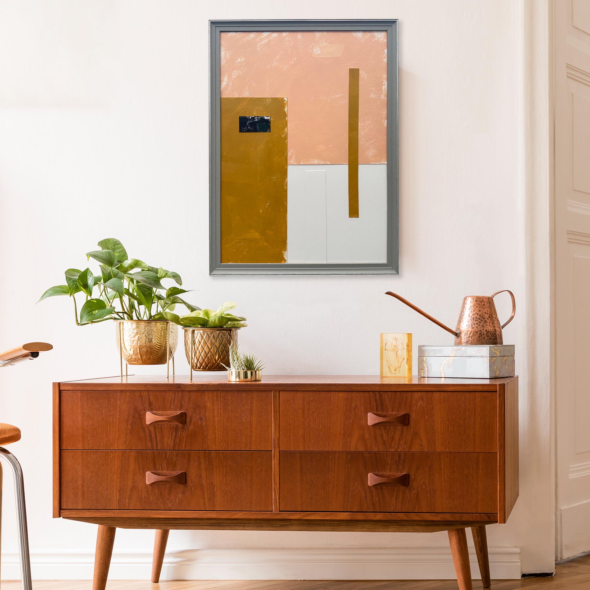 Composition In Peach, Gold And Black-Abstract House