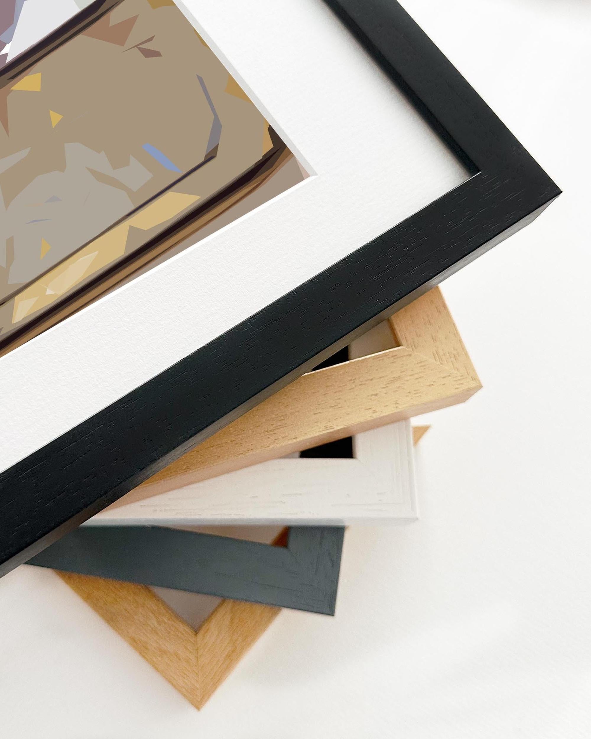 Stack of various photo frames on a white background
