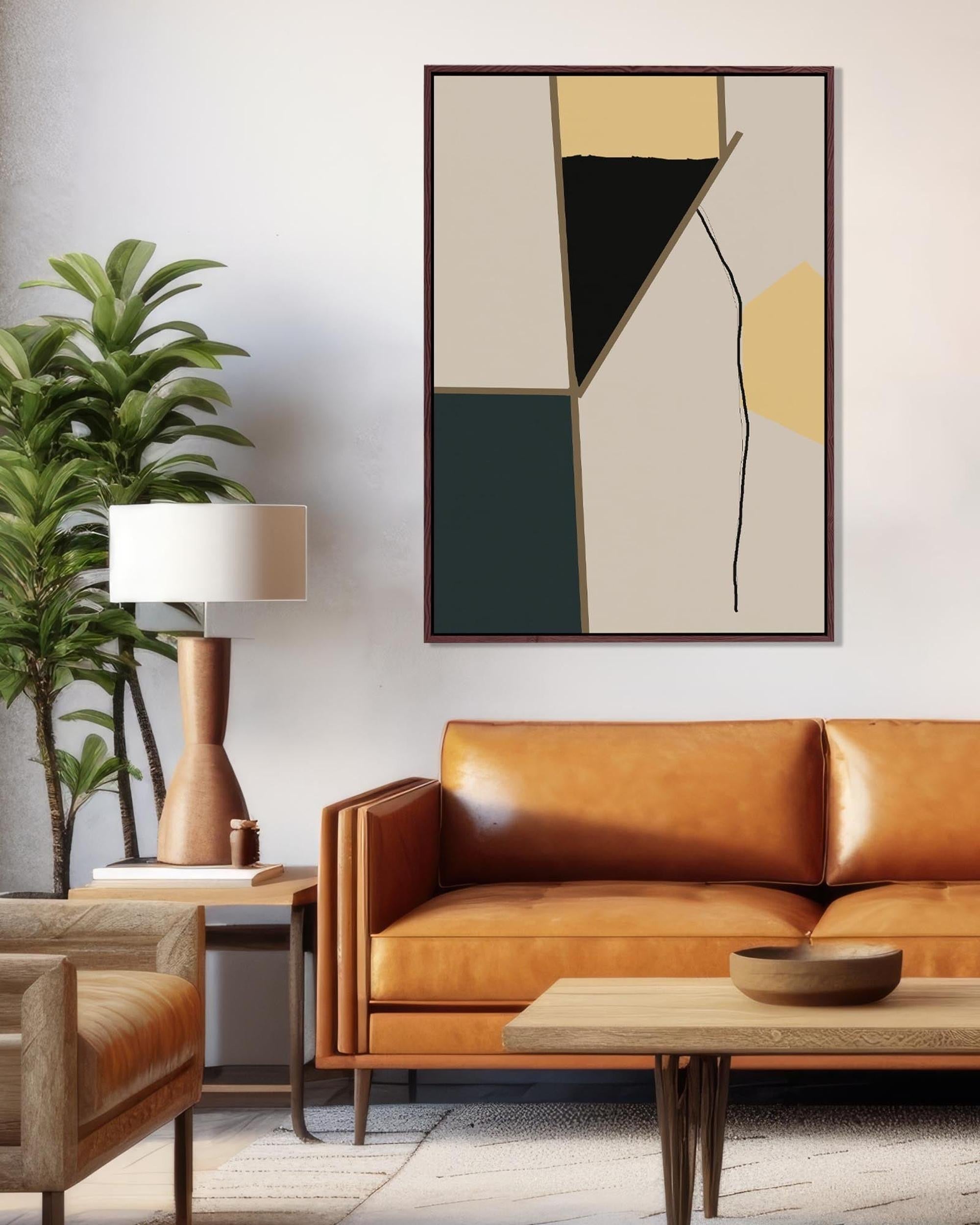 Modern living room with a brown leather sofa, abstract art, and a lamp.