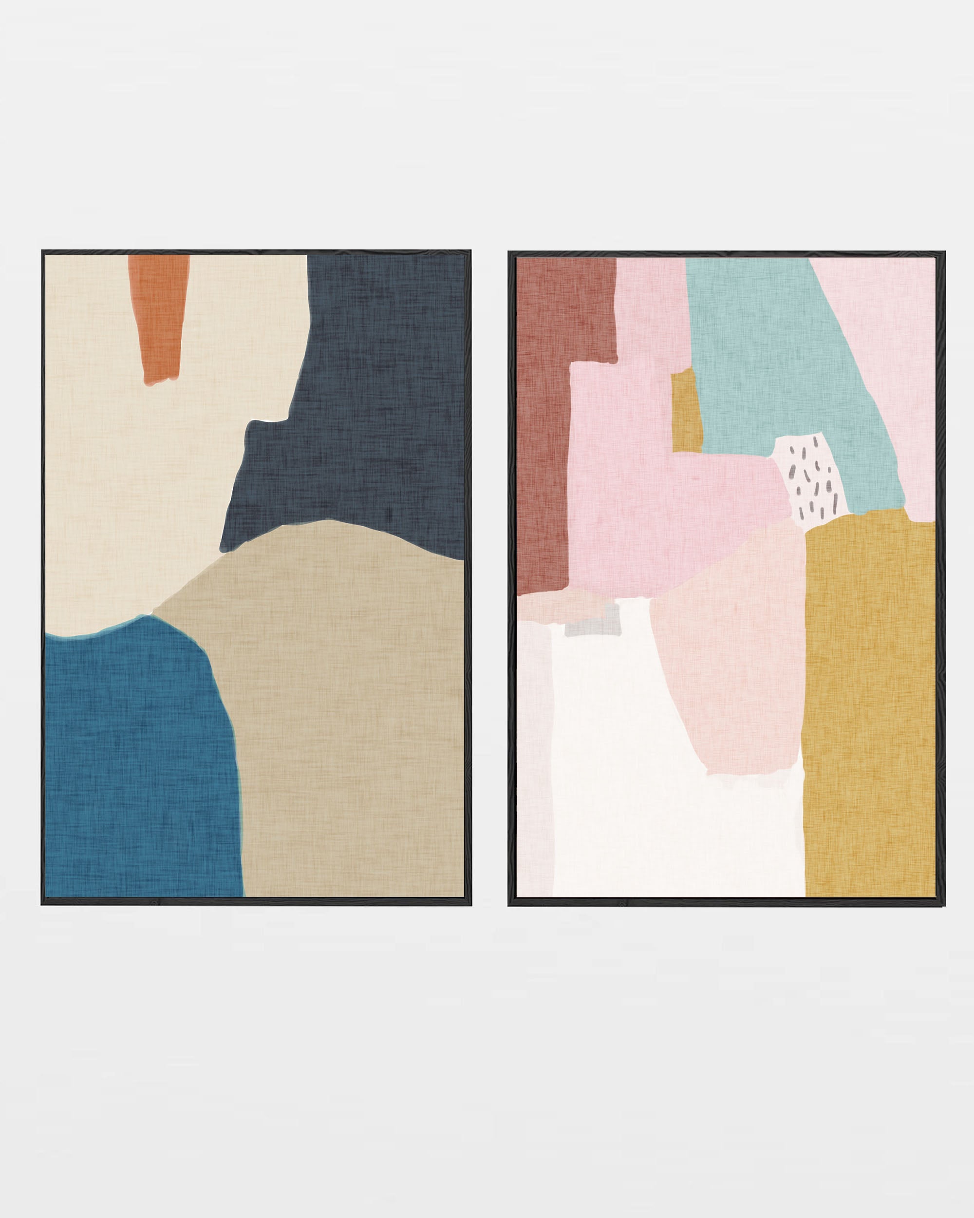 Two abstract art prints with geometric shapes on a white background