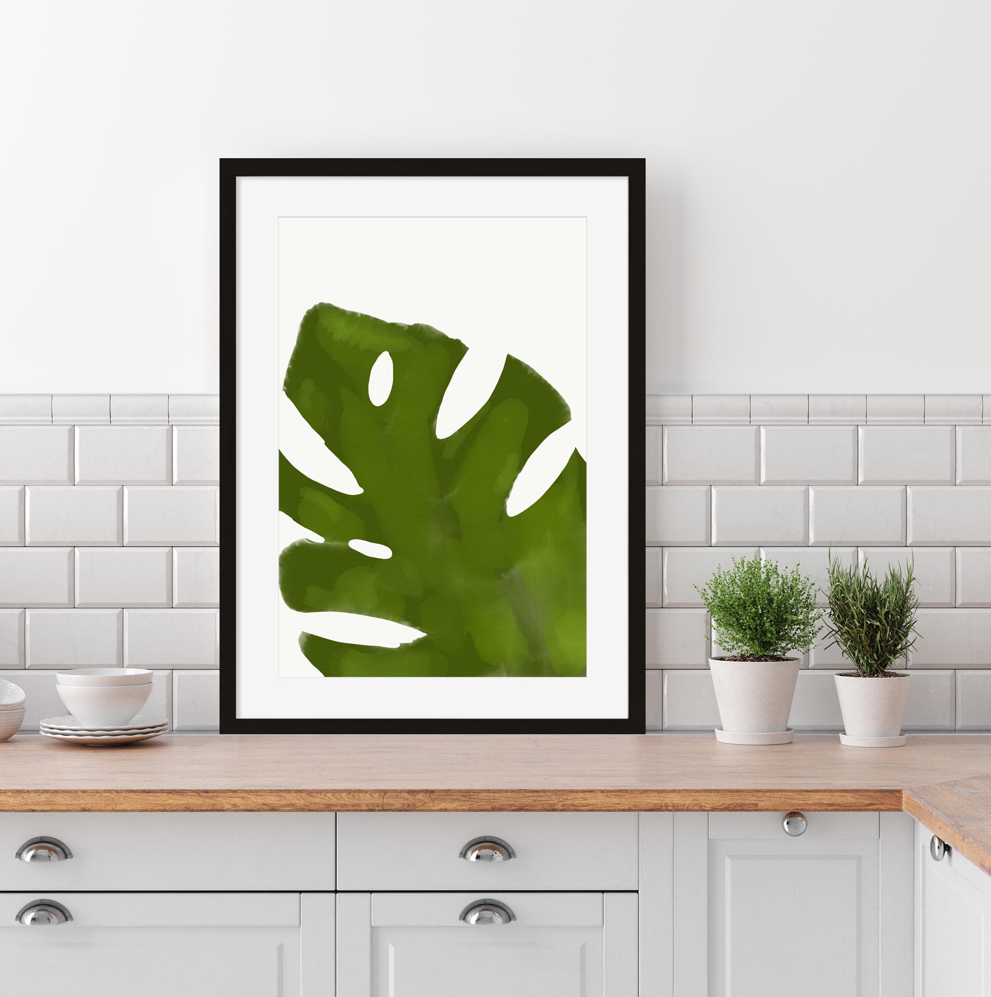 Green Illustrated Leaf Framed Art-Abstract House