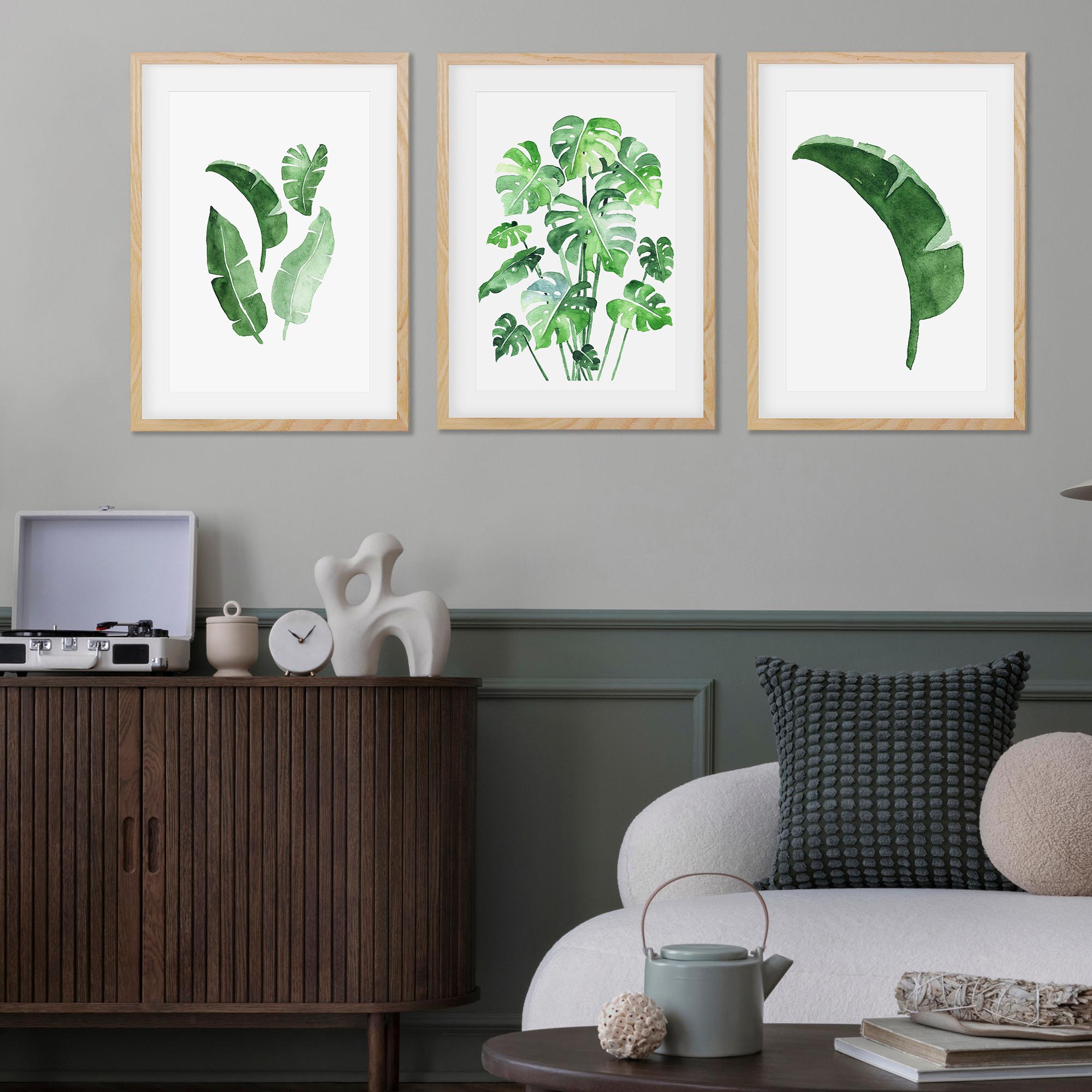 Green Watercolour Leaves - Set Of 3 Prints-Abstract House