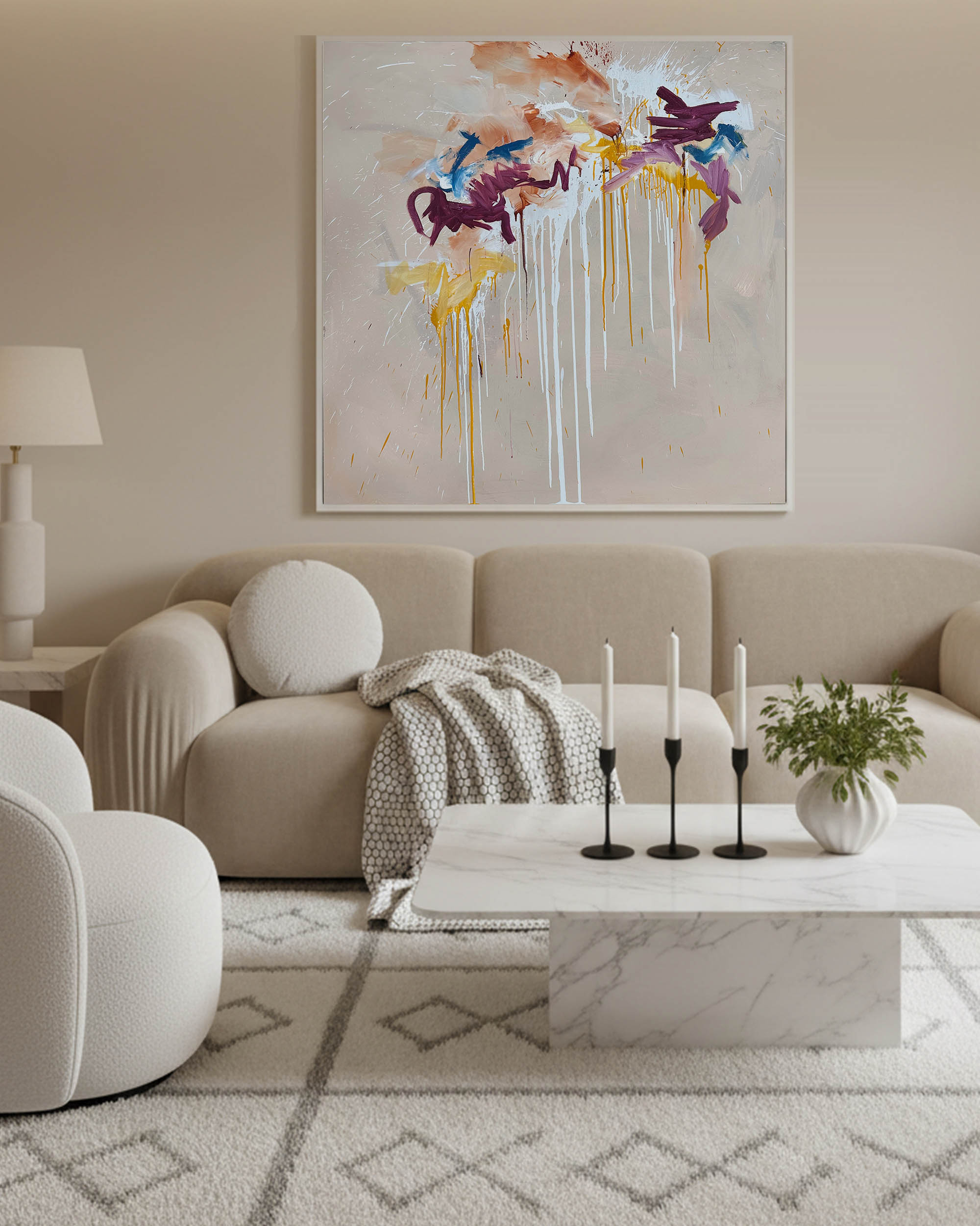 large beige minimalist abstract painting, beige aesthetic living room luxury stylish space