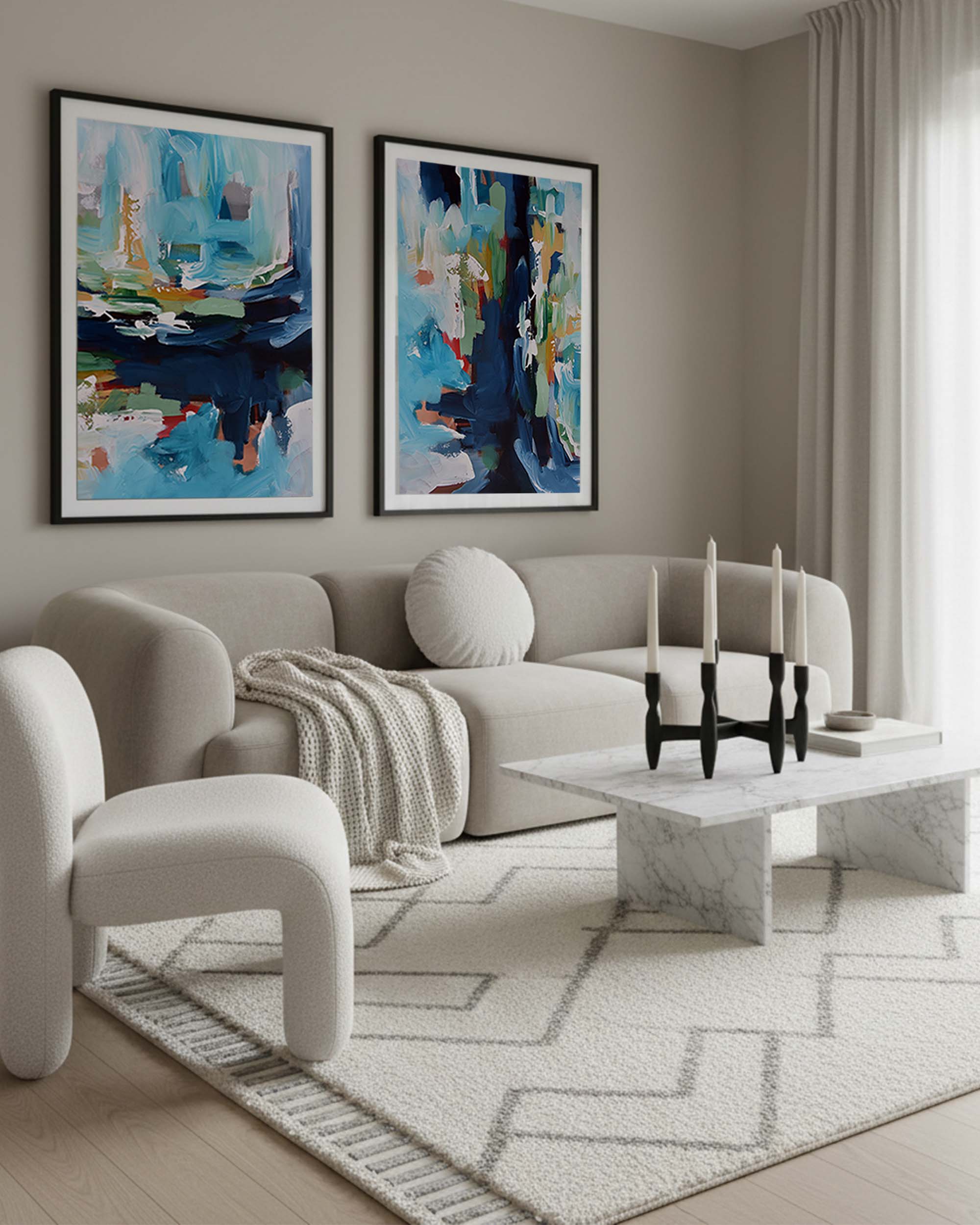 Modern living room with abstract art, a sofa, and a coffee table.