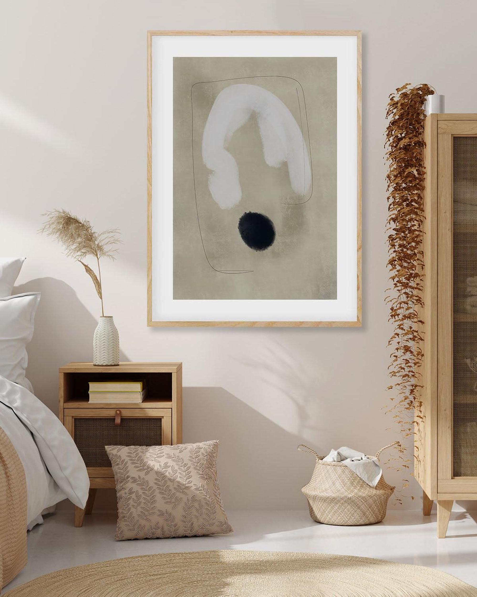 Nursery room with abstract art, wooden furniture, and decorative elements.