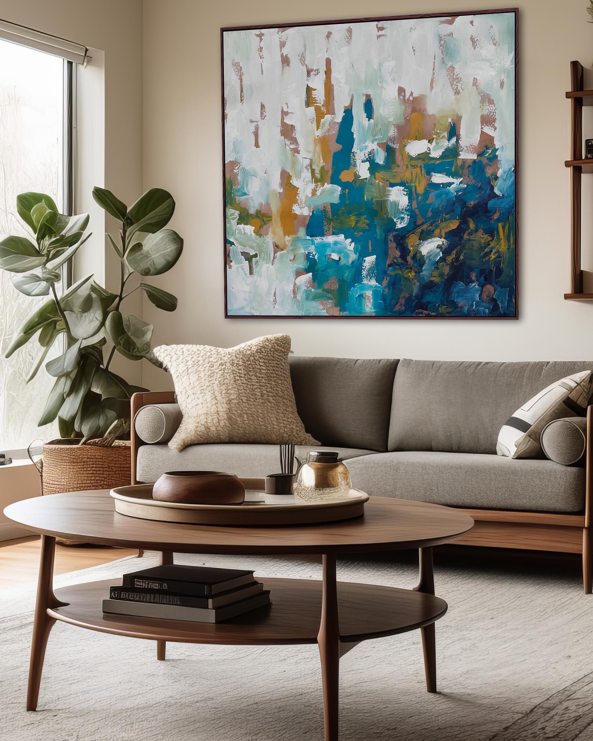 Modern living room with a gray sectional sofa, wooden coffee table, and abstract painting on the wall.
