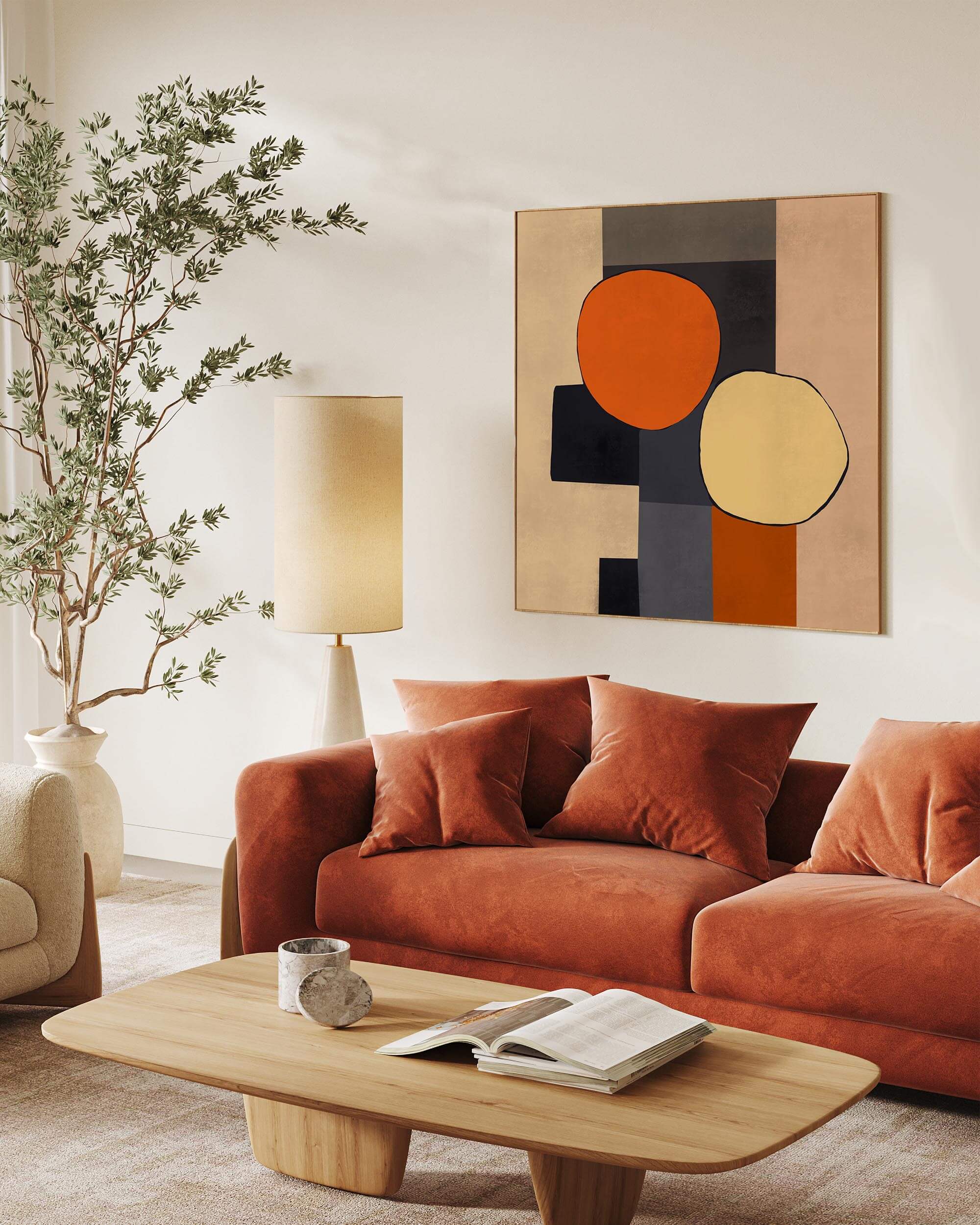 A Mid Century Abstract Framed Canvas with bold geometric shapes in orange, brown, and yellow displayed above a sofa in a living room setting.