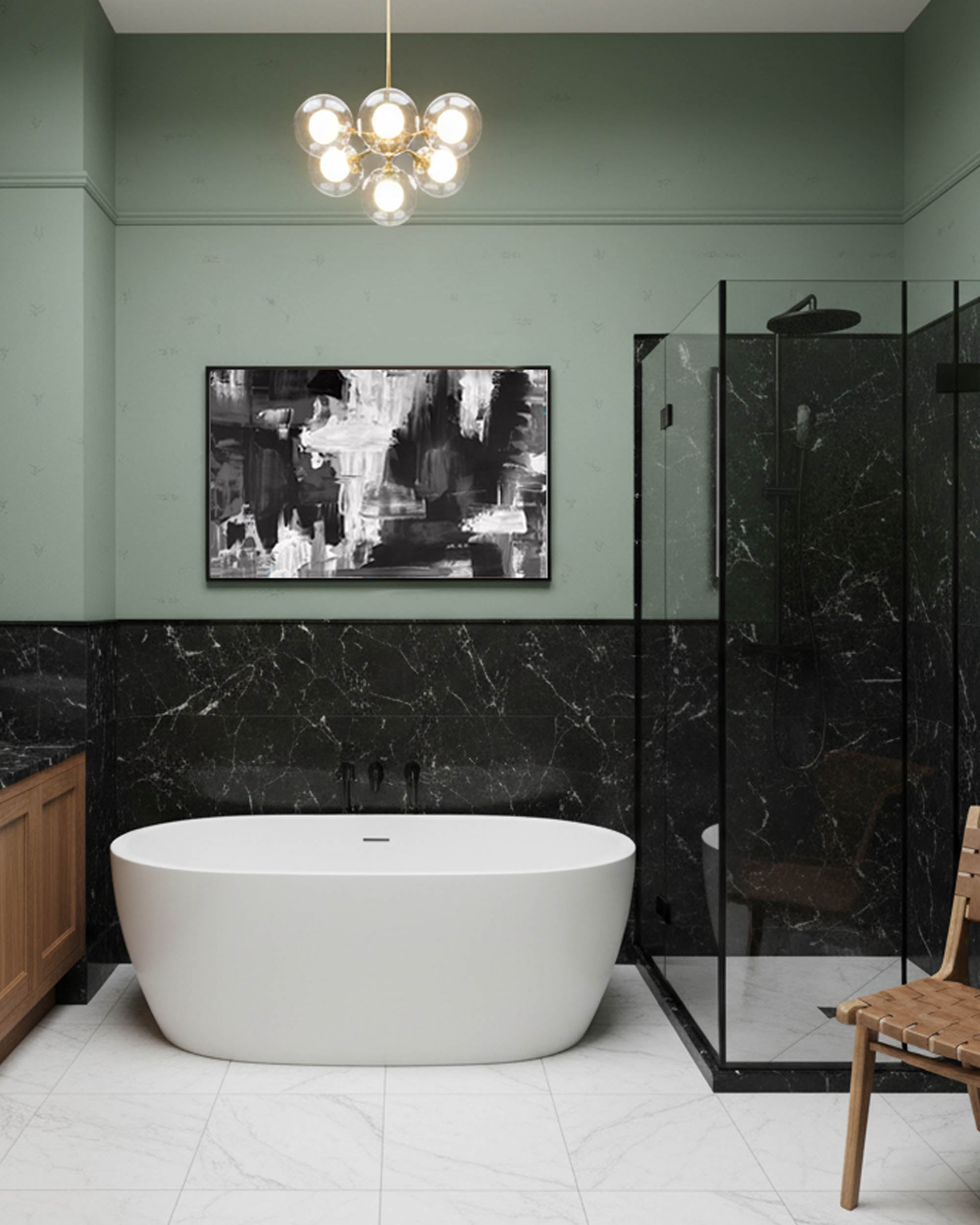 Modern bathroom with a freestanding bathtub, abstract art on the wall, and a glass shower enclosure.