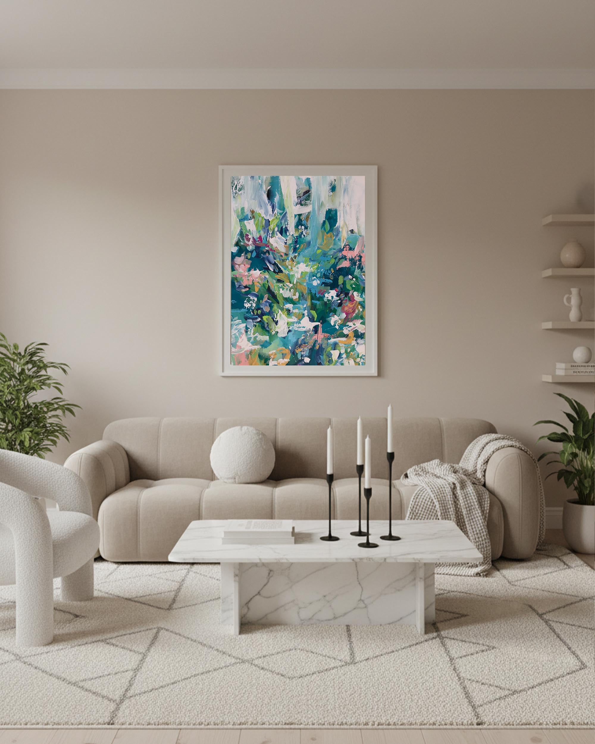 large wall art framed with pops of colour, modern scandinavian themed living room beige aesthetic with candles and bubble cushion in boucle