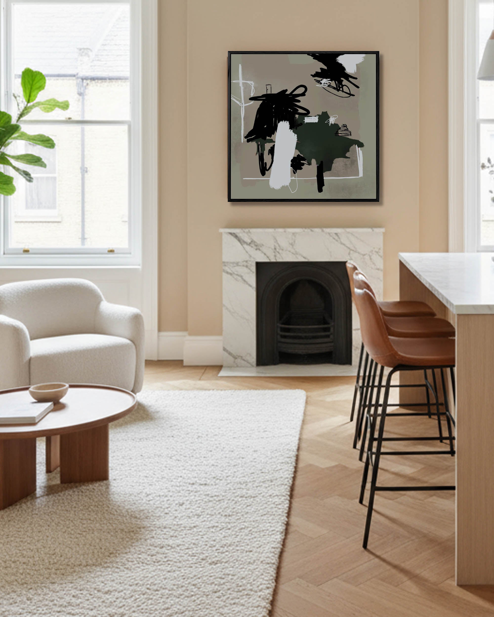Modern living room with a fireplace, chairs, and a dining area.