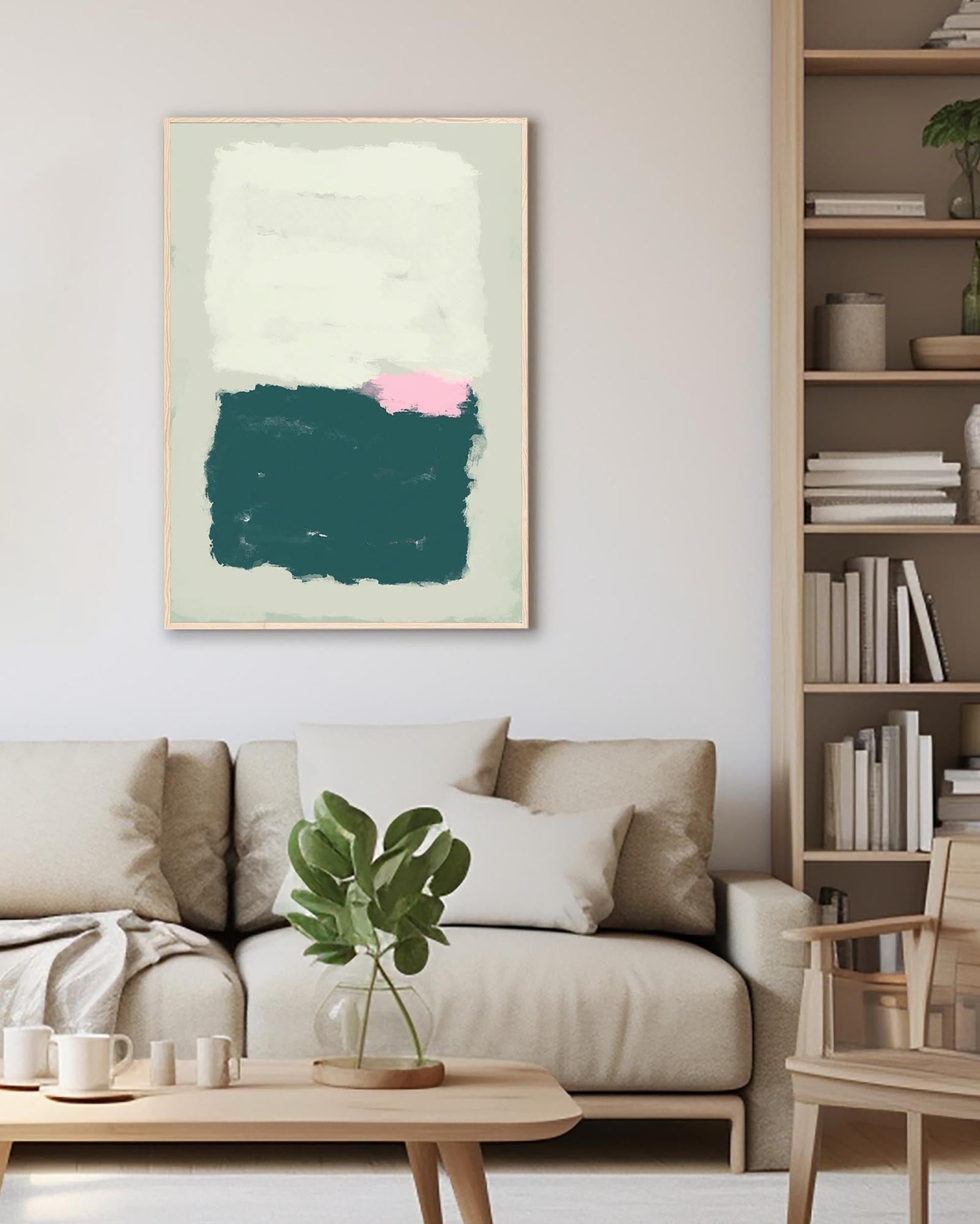 Modern living room with a beige sofa, wooden coffee table, and bookshelf.