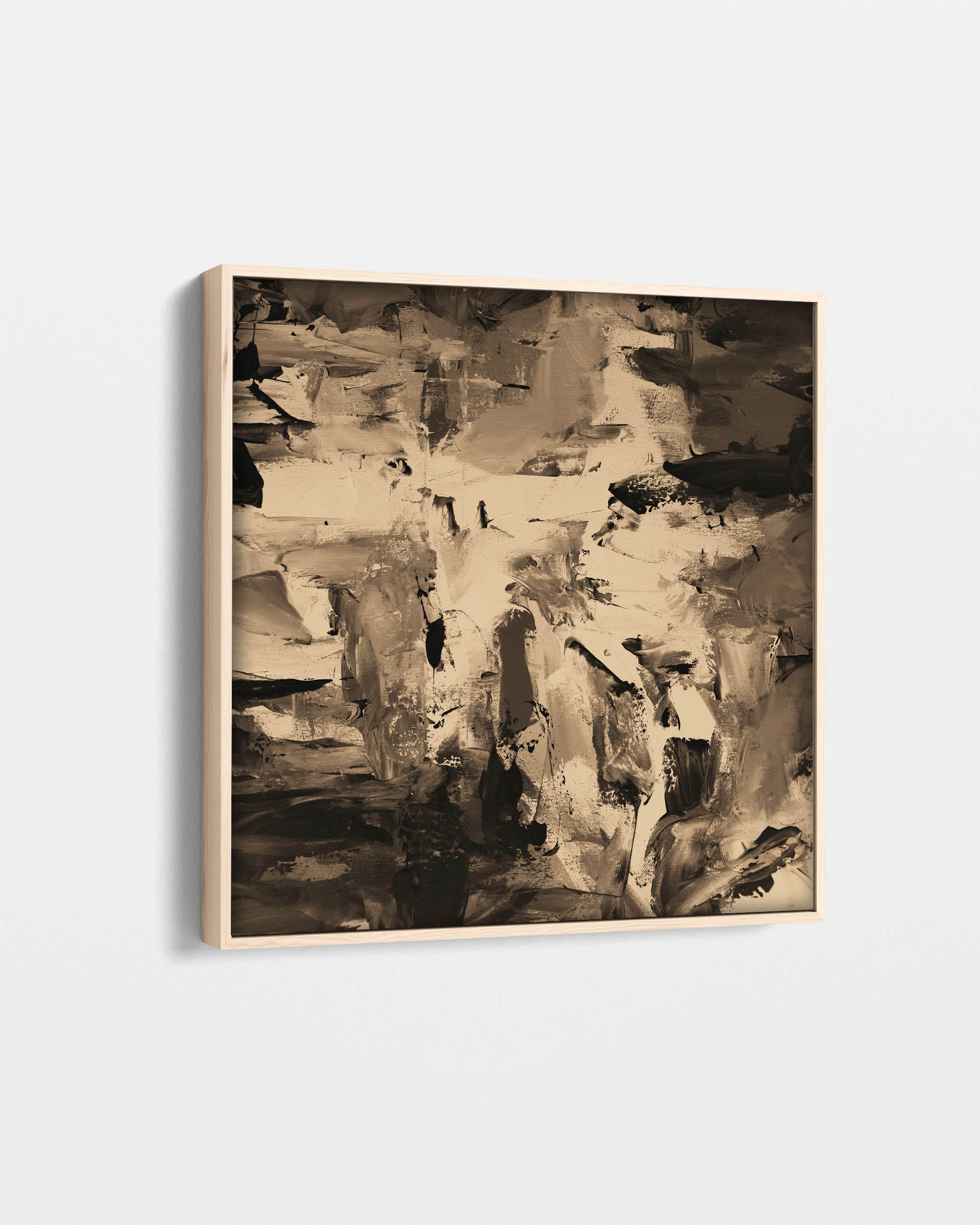 Abstract art painting in a wooden frame on a light gray background