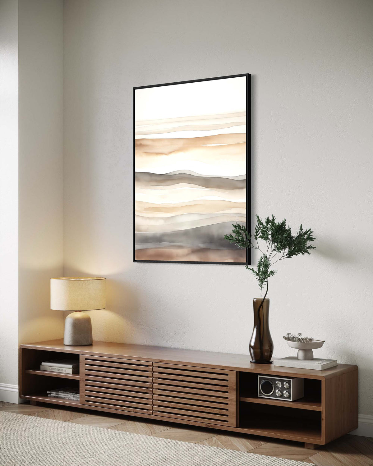 Modern living room with wooden console table, lamp, and abstract painting on the wall.