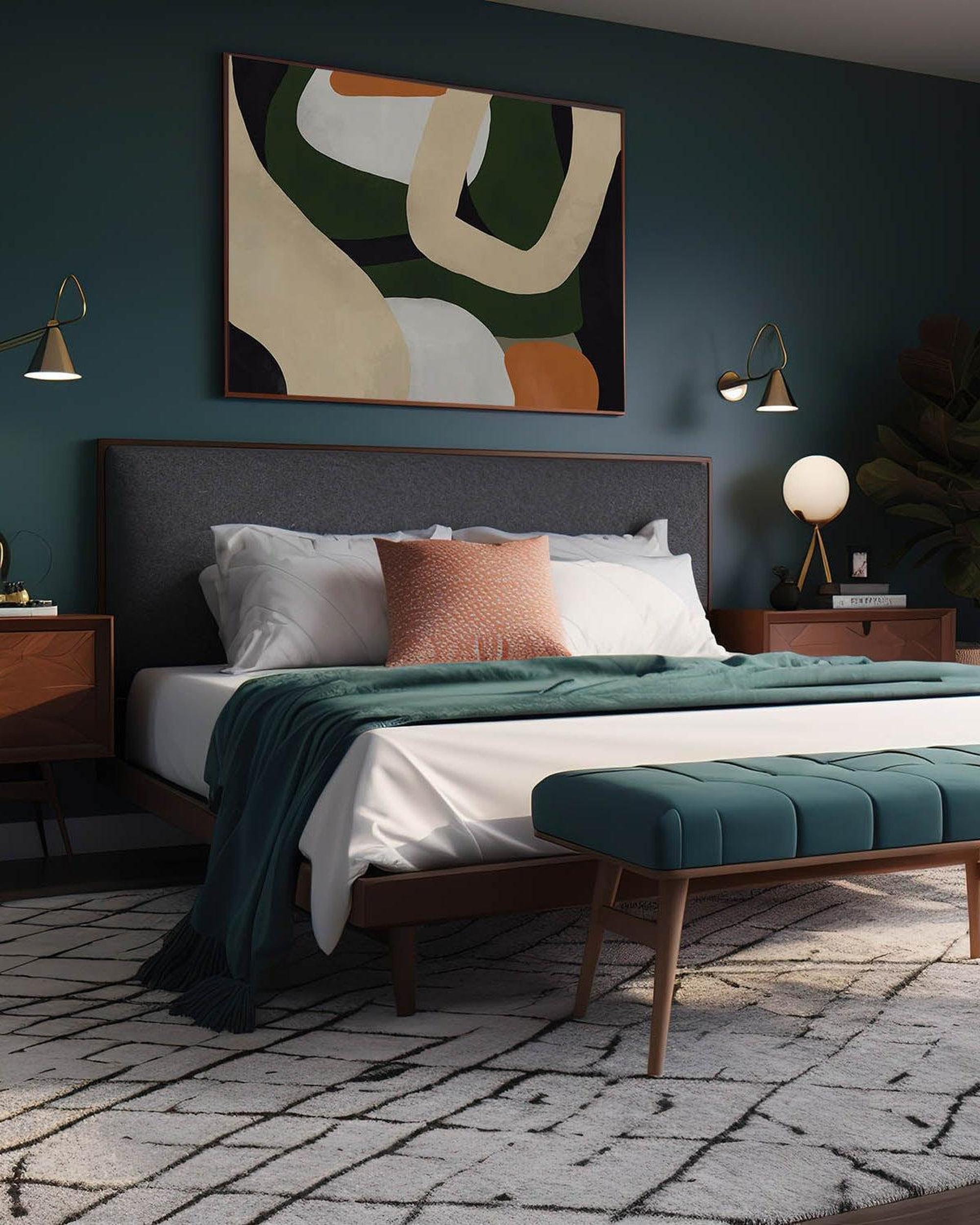 Modern bedroom with a bed, abstract painting, and decorative items.