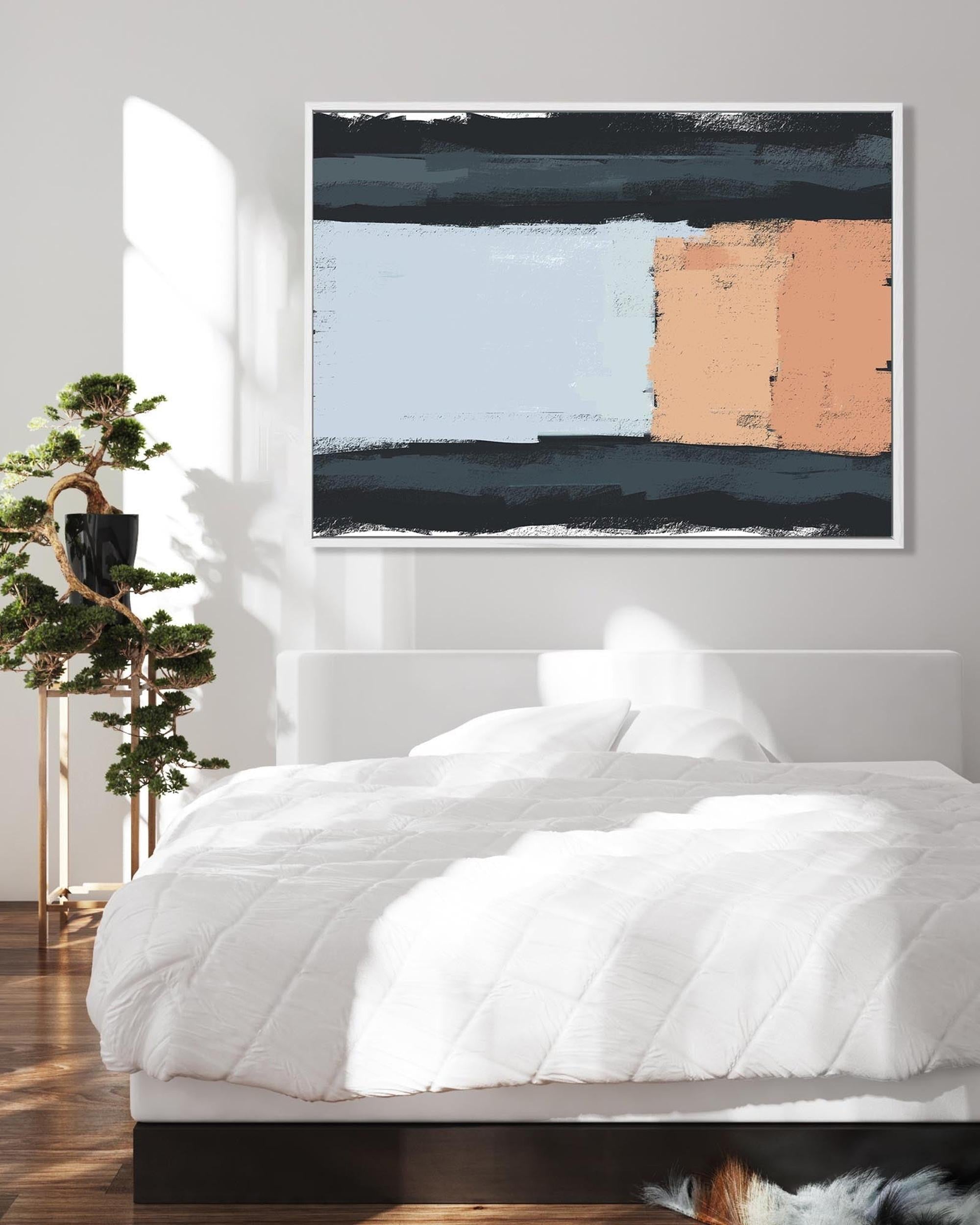 Modern bedroom with a bed, abstract painting on the wall, and a small plant.