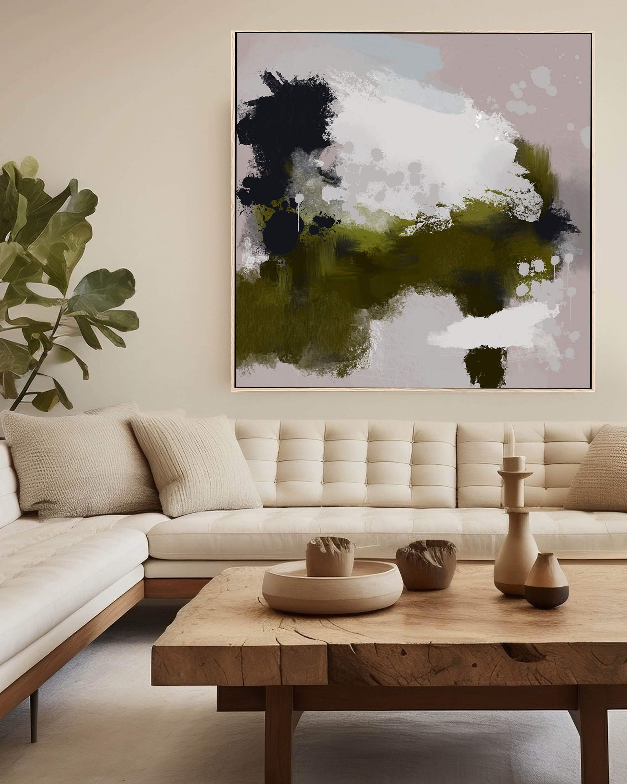 large modern green abstract canvas art, modern wall art prints, paint splatter, jackson pollock style, expressionist wall art in scandinavian living room