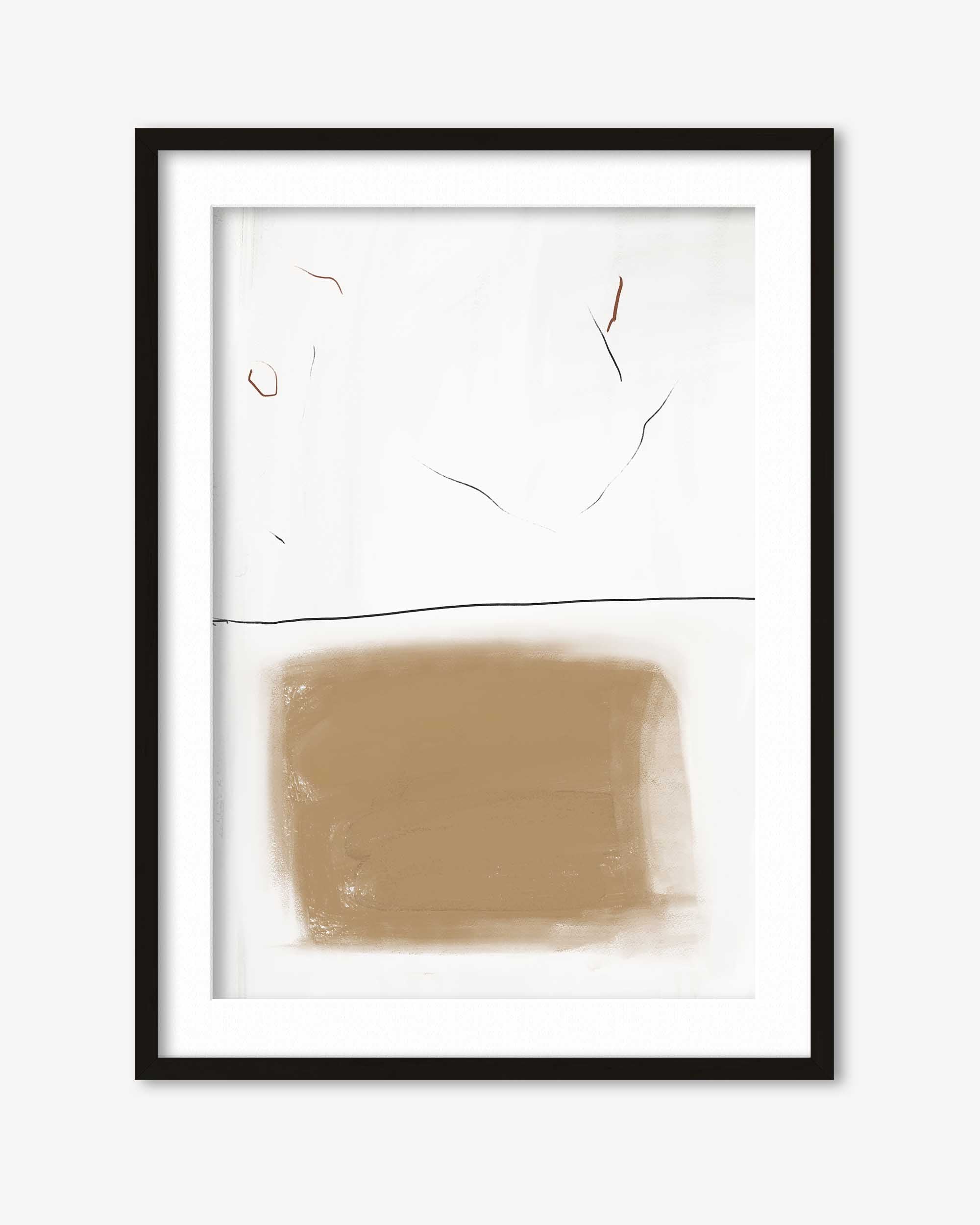 Framed abstract art piece with a brown square and white background