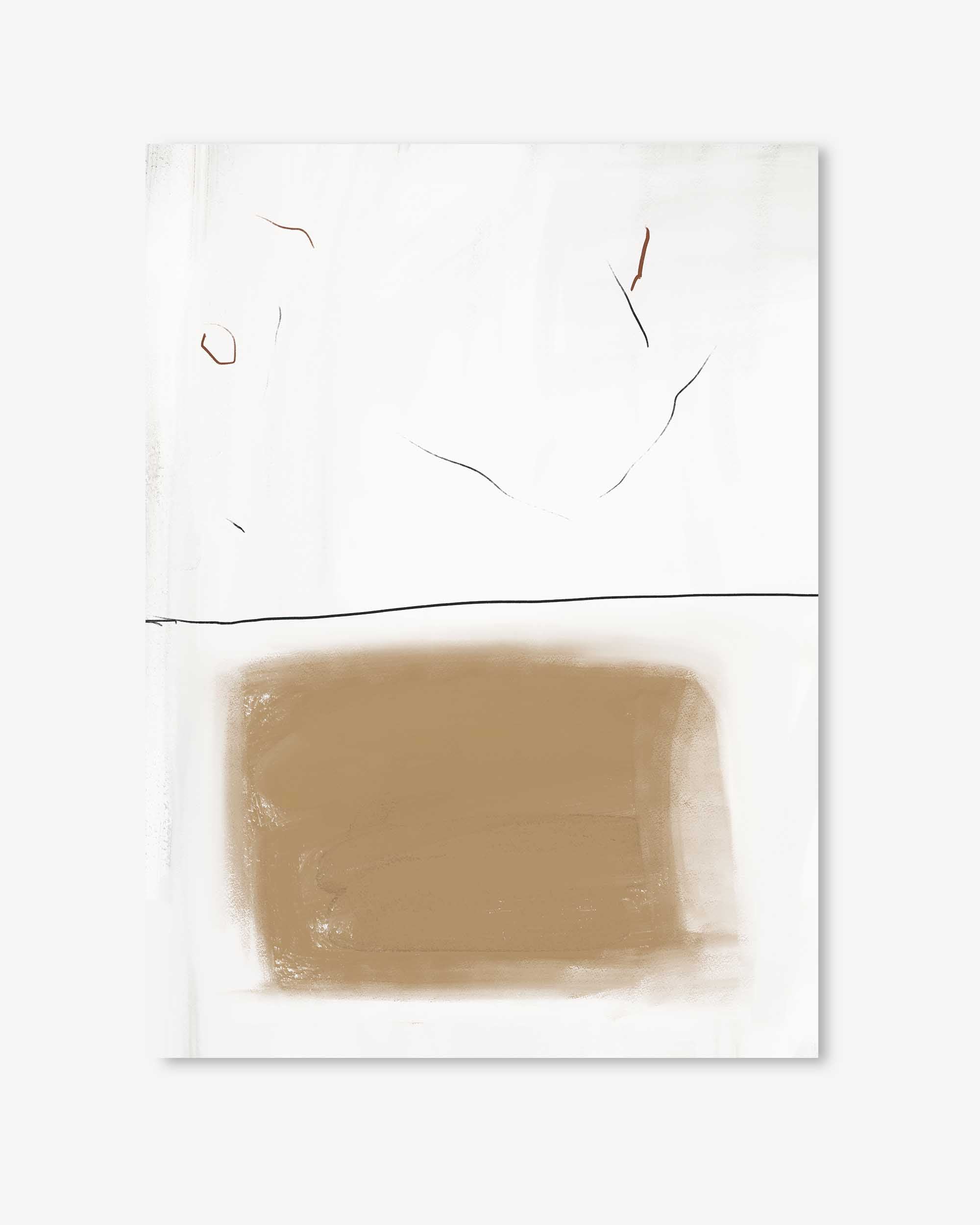 Abstract art piece with a brown square and black line on a white background