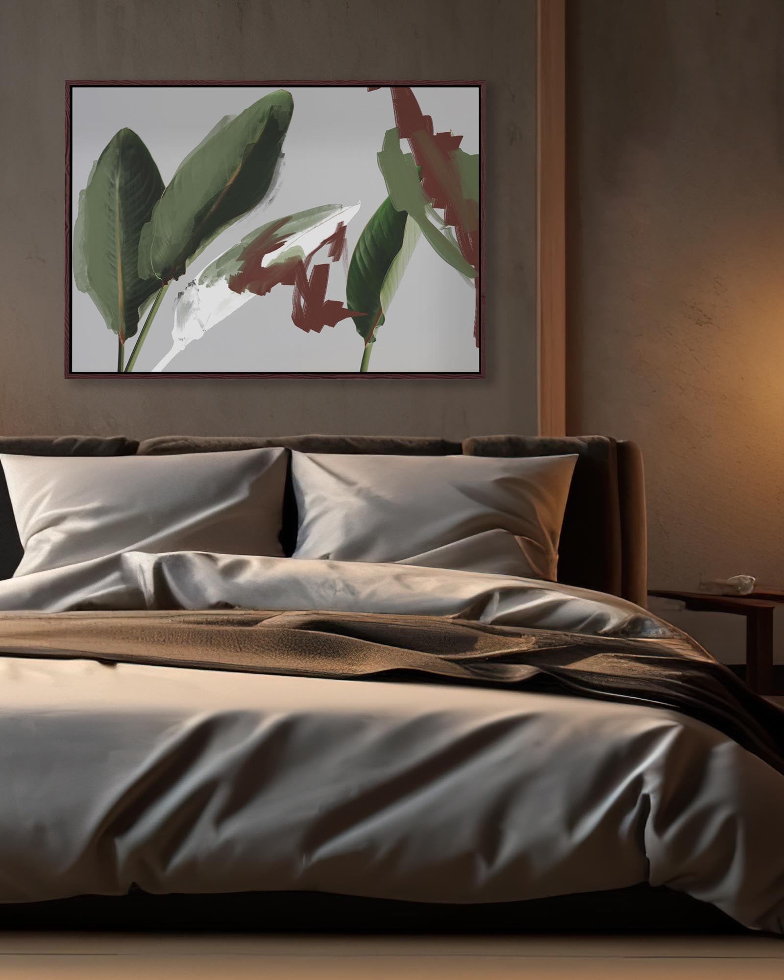 Bedroom with a painting of leaves on the wall above the bed.