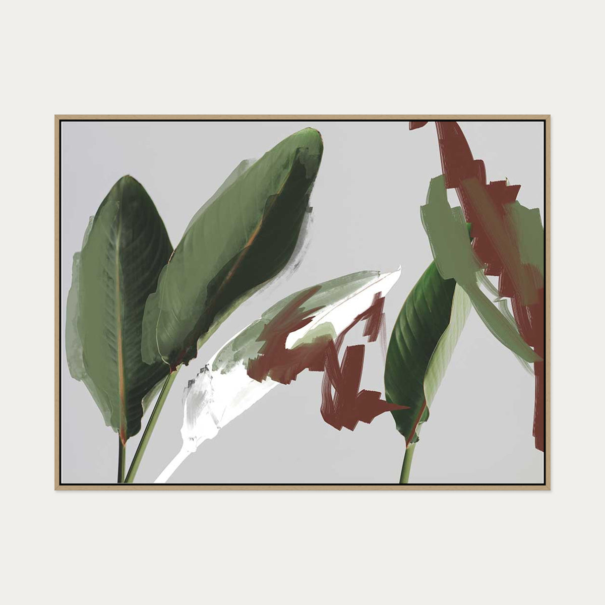 Abstract Botanical Leaves Canvas Art — 90 x 120 cm — Oak Frame