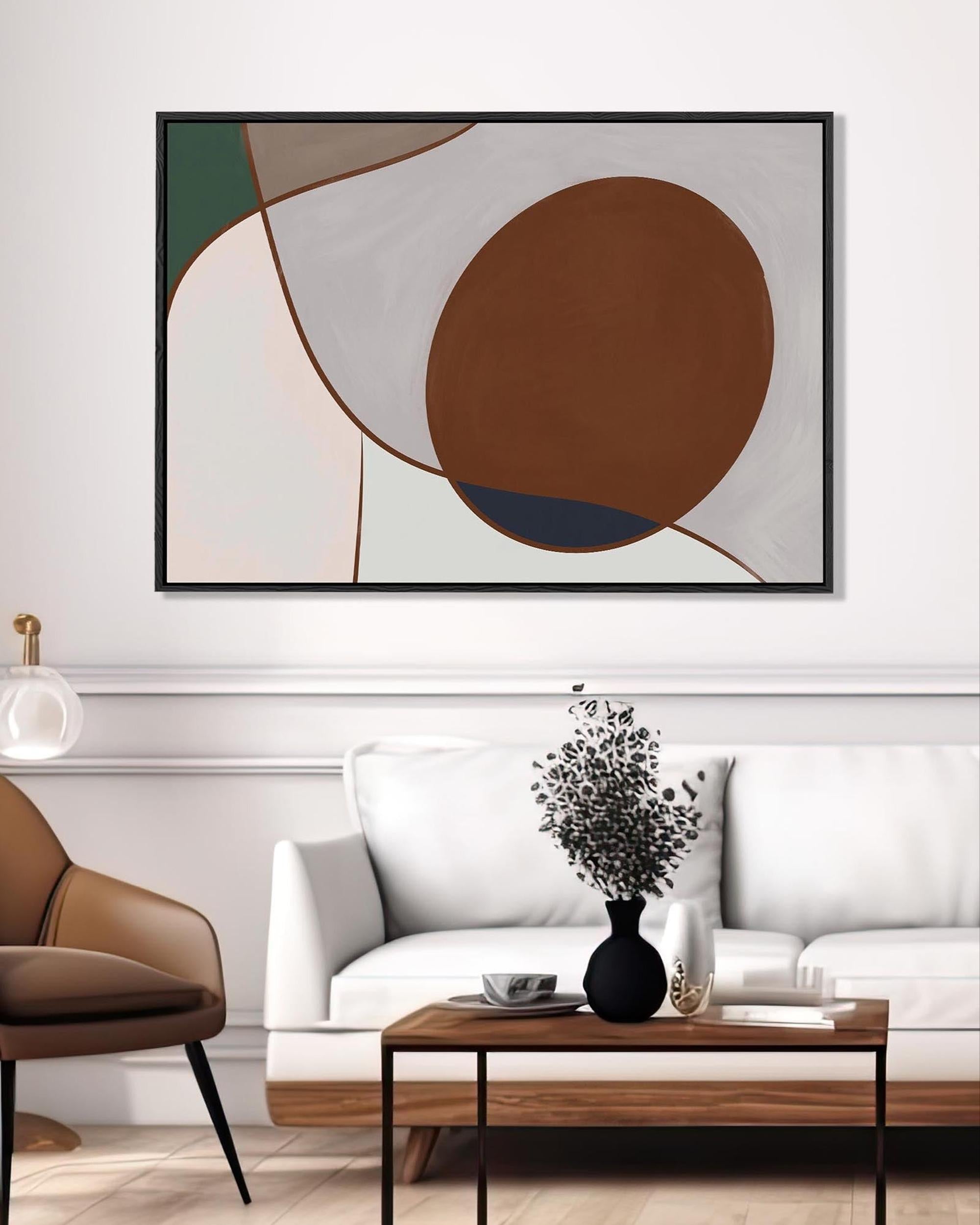 Modern living room with abstract art on the wall, white sofa, and wooden coffee table.