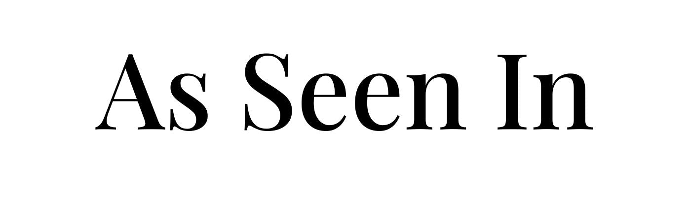 Text 'As Seen In' in black on a white background