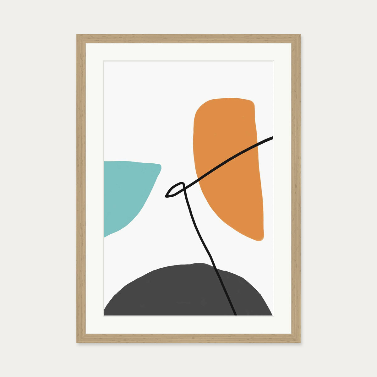 Abstract Line Orange Teal Grey Art Print — 50 x 70 cm — Oak Frame