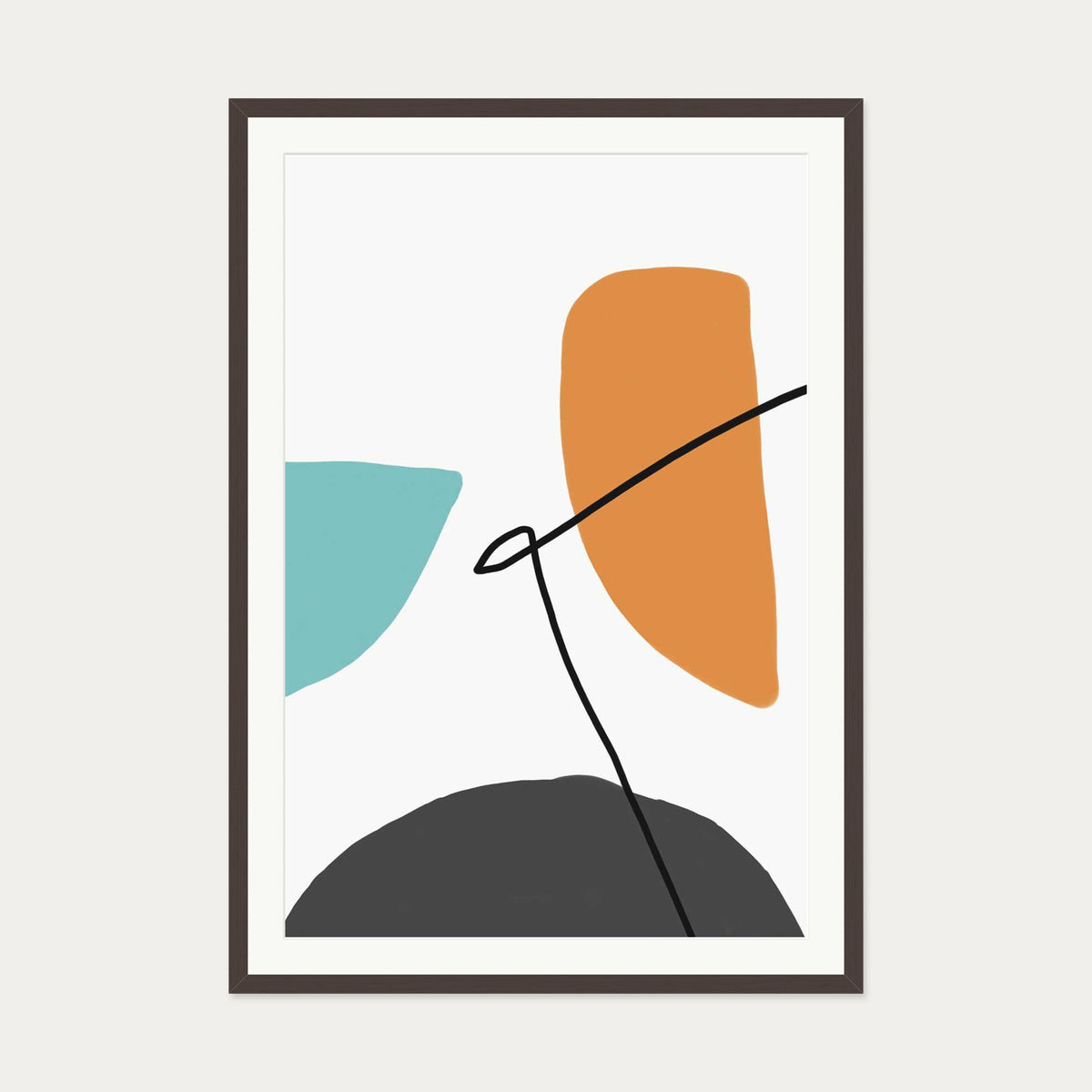 Abstract Line Orange Teal Grey Art Print — 70 x 100 cm — Brown Frame