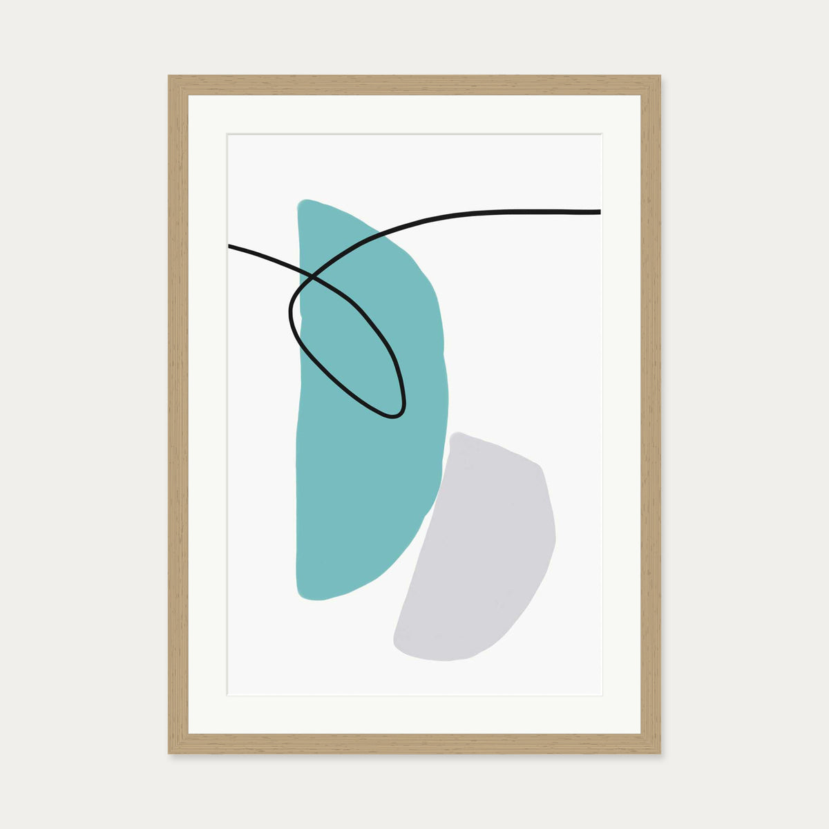 Abstract Line Teal Grey Art Print — 50 x 70 cm — Oak Frame