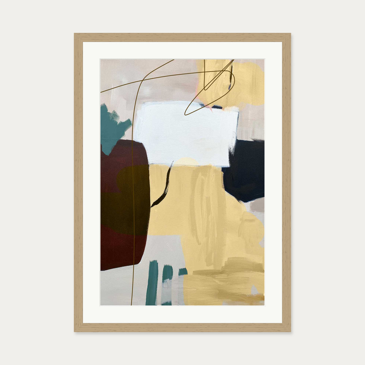 Abstract Ochre Shapes Art Print — 50 x 70 cm — Oak Frame