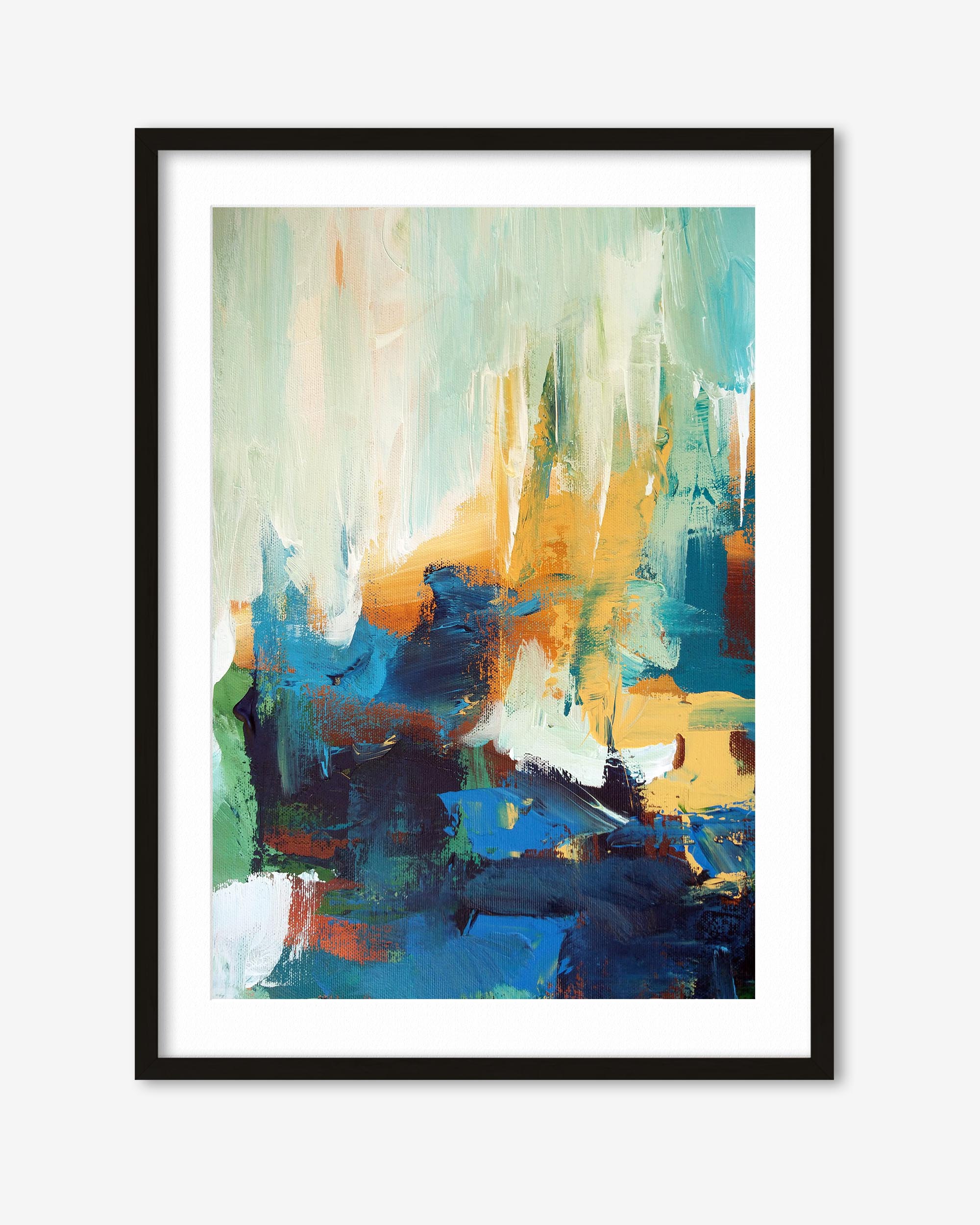 Framed abstract art print with colorful brush strokes on a white background