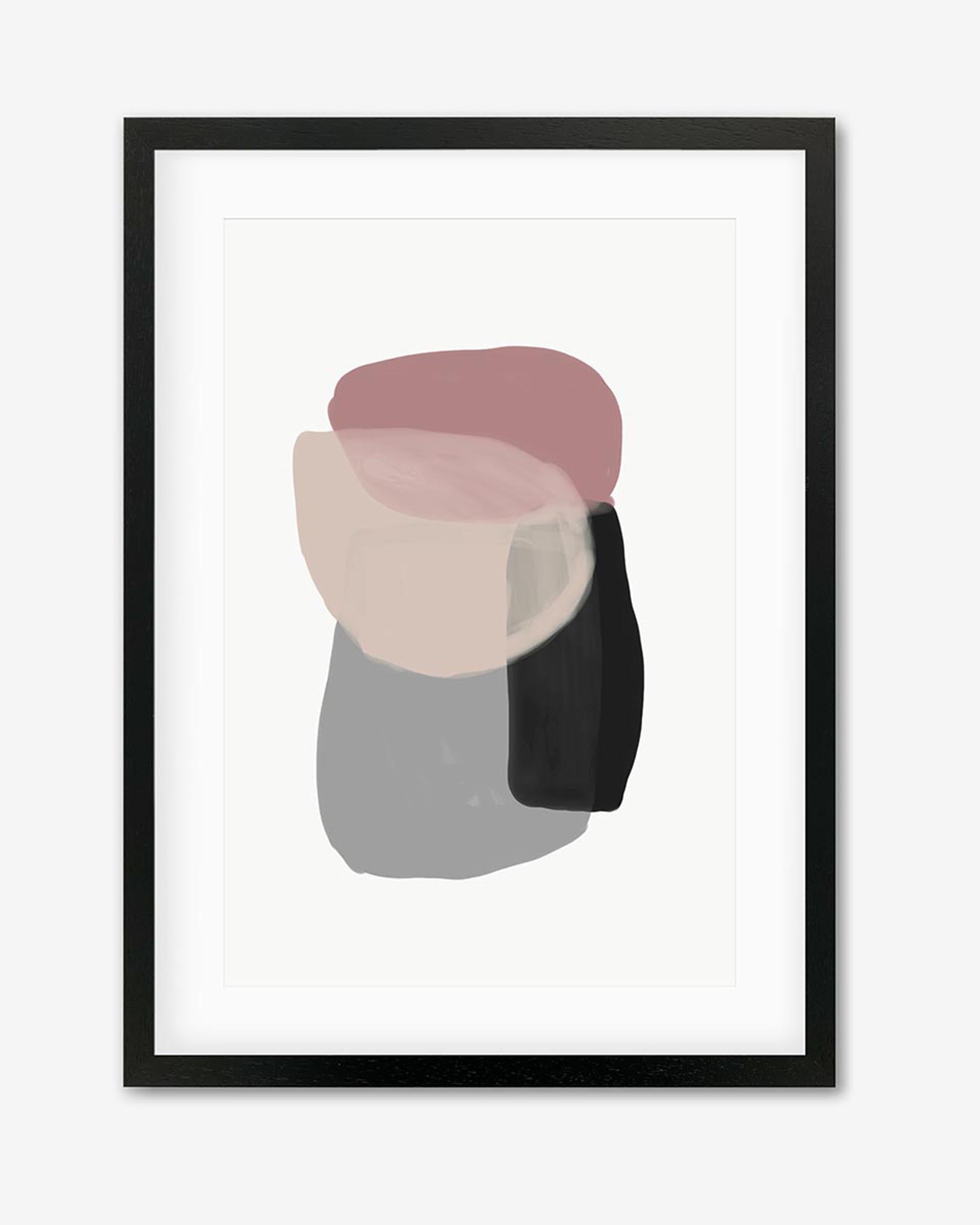 A framed art piece with abstract shapes in beige, black, pink, and gray tones.