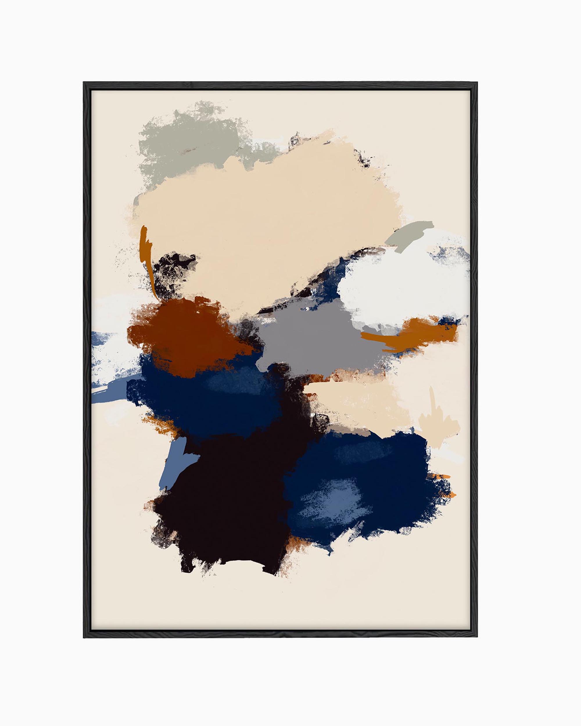 A framed canvas featuring an abstract design with beige, navy, and red tones, with an overlapping shape pattern.