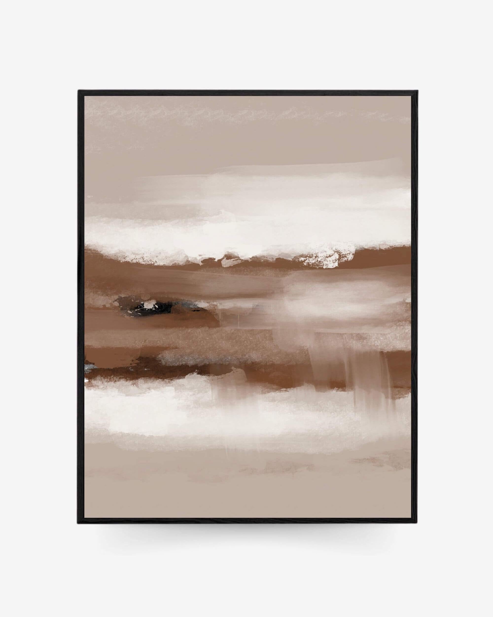 A framed canvas abstract artwork featuring shades of brown and white, with a serene dusk-like atmosphere.