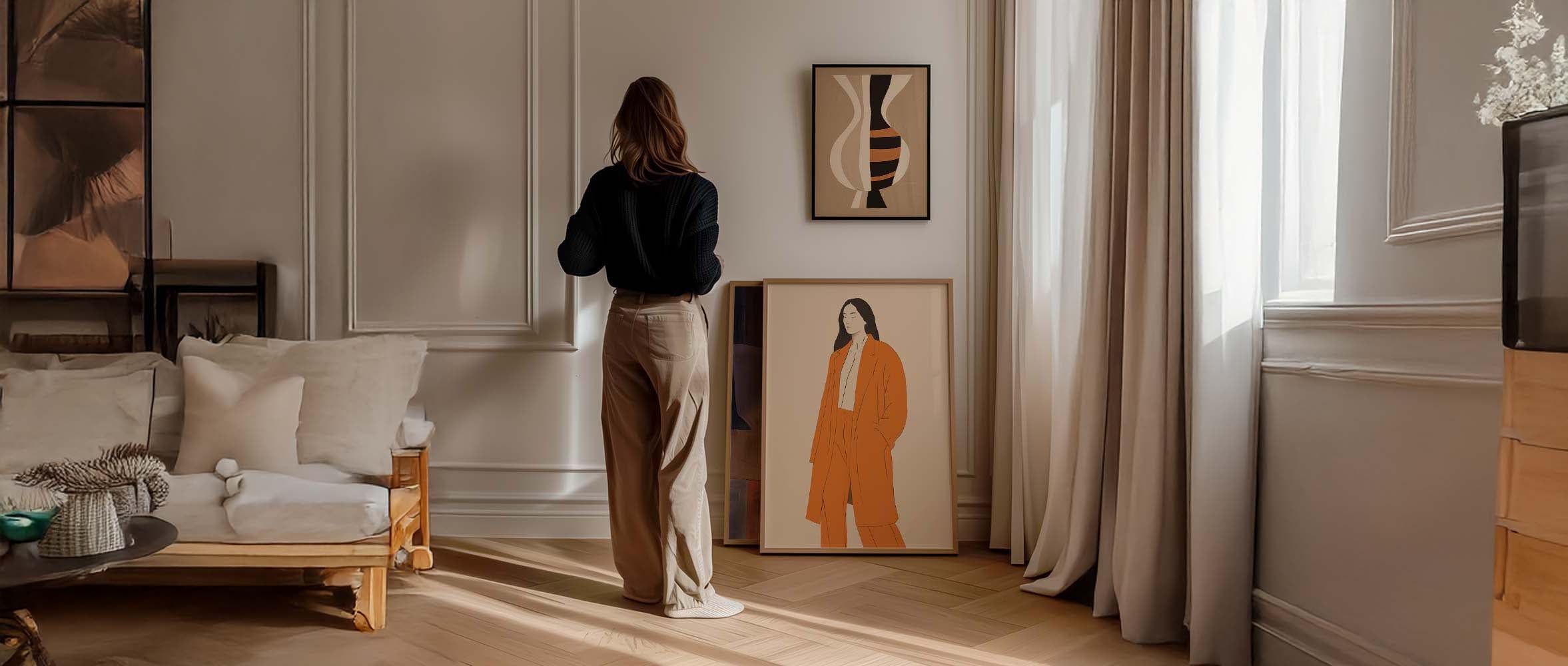 Woman standing in a stylish living room with modern decor and artwork.