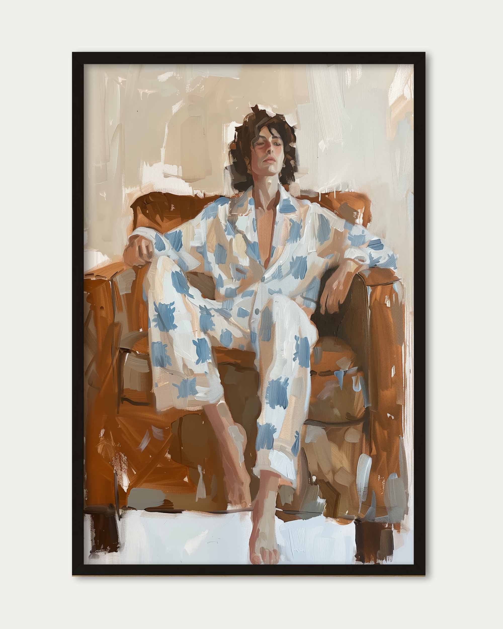Framed artwork of a person in a patterned robe sitting on a chair.