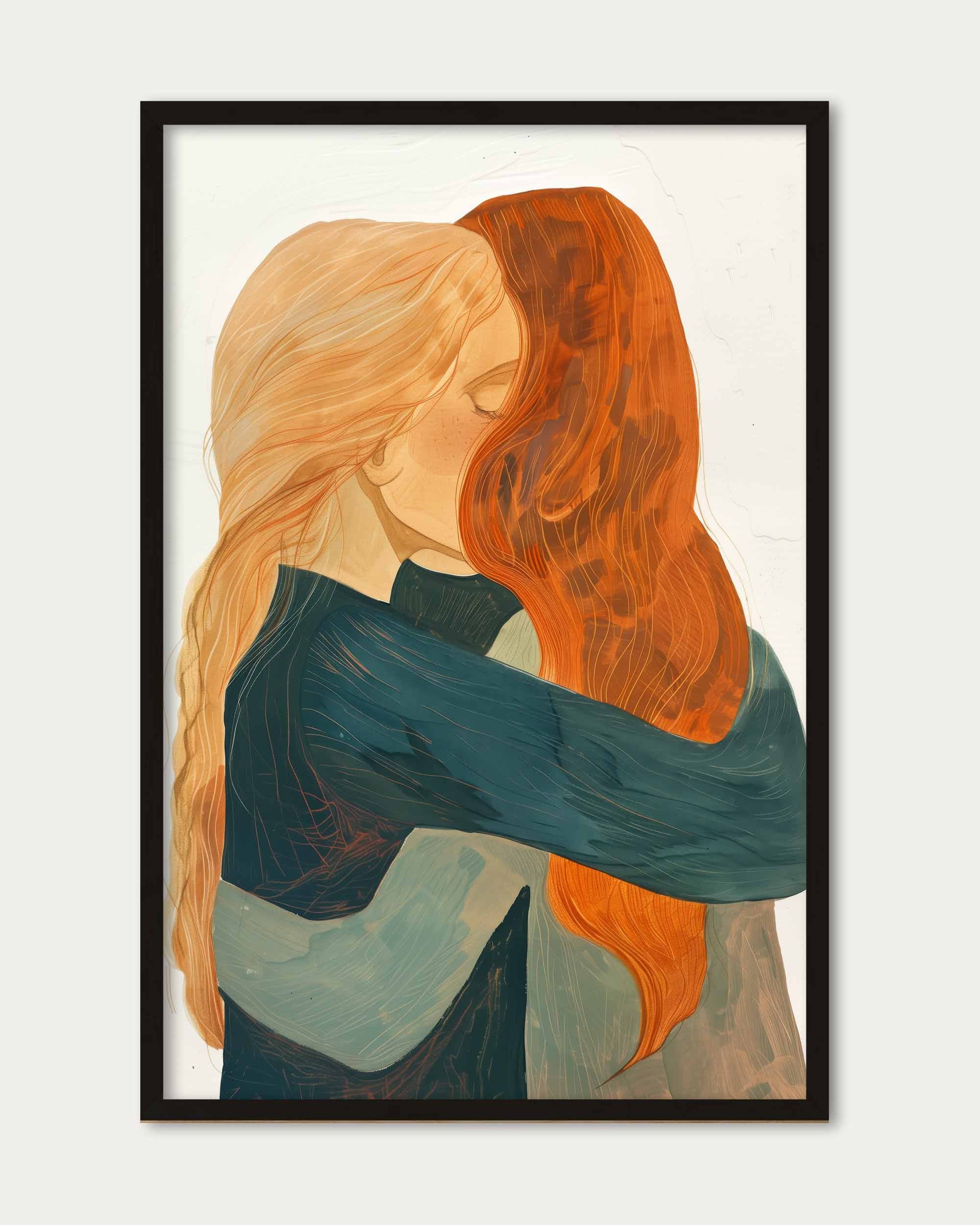 Framed artwork of two people embracing with long hair on a white background
