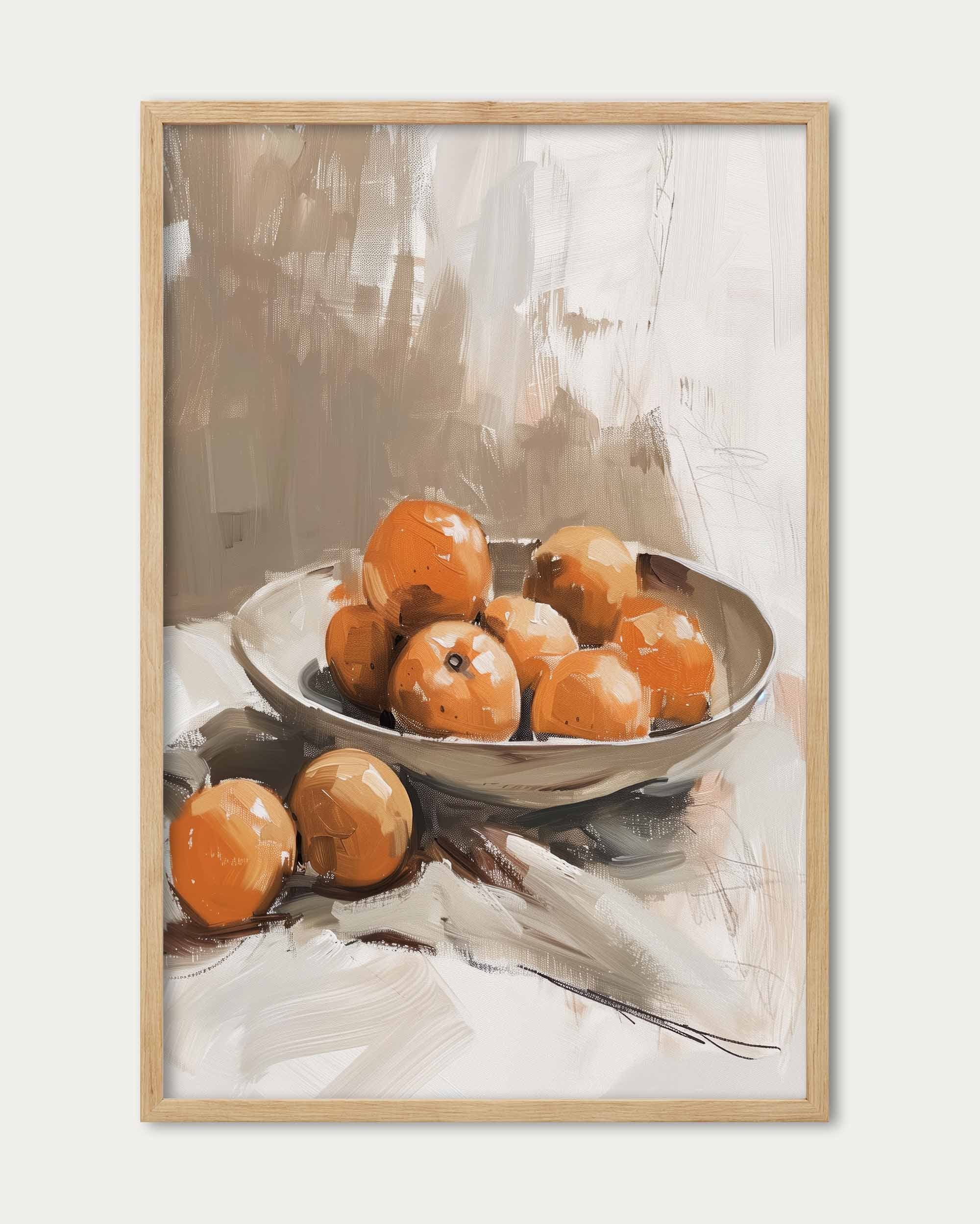 Framed artwork of a still life with oranges and a bowl on a textured surface.