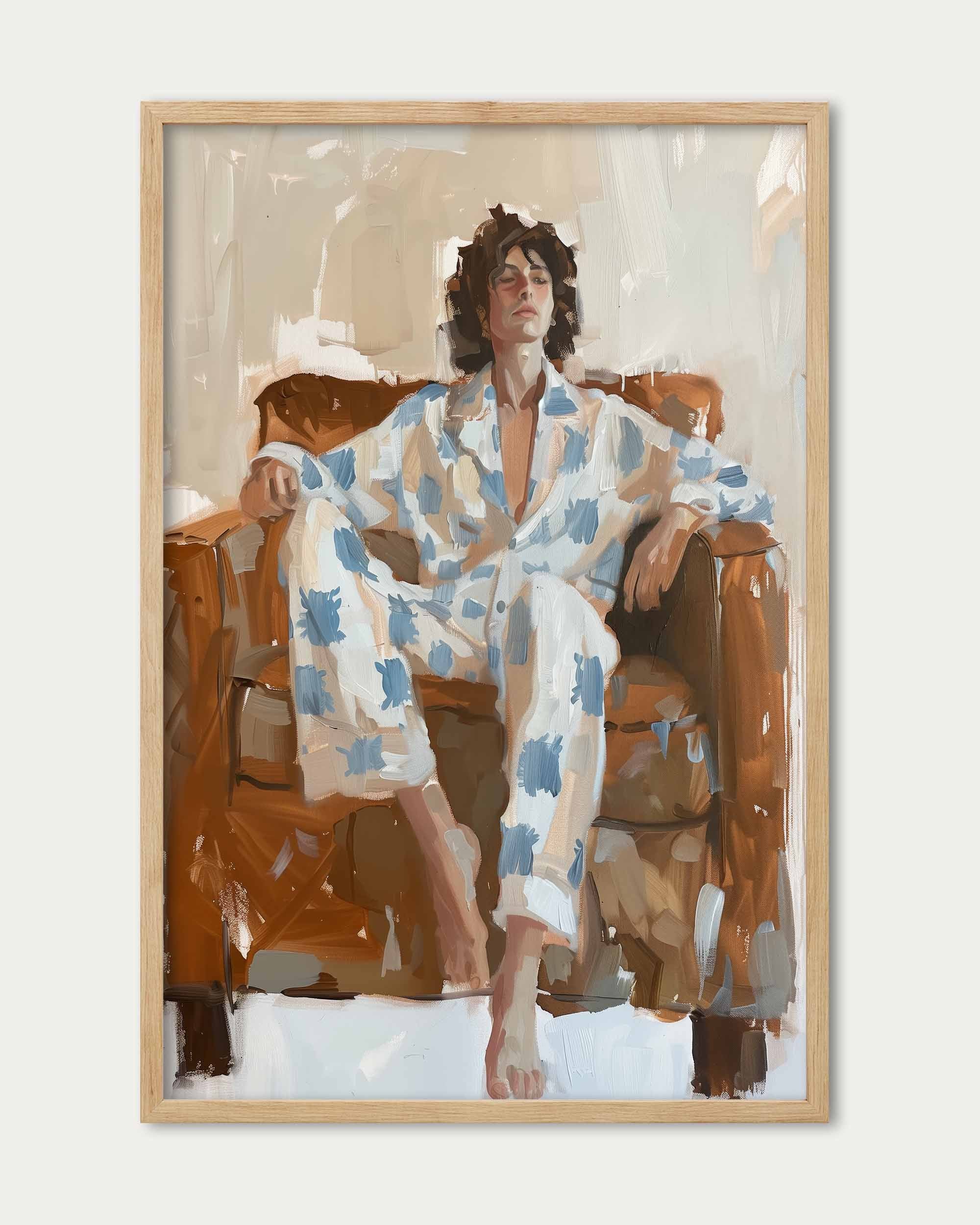 Framed artwork of a person in a robe sitting on a chair.