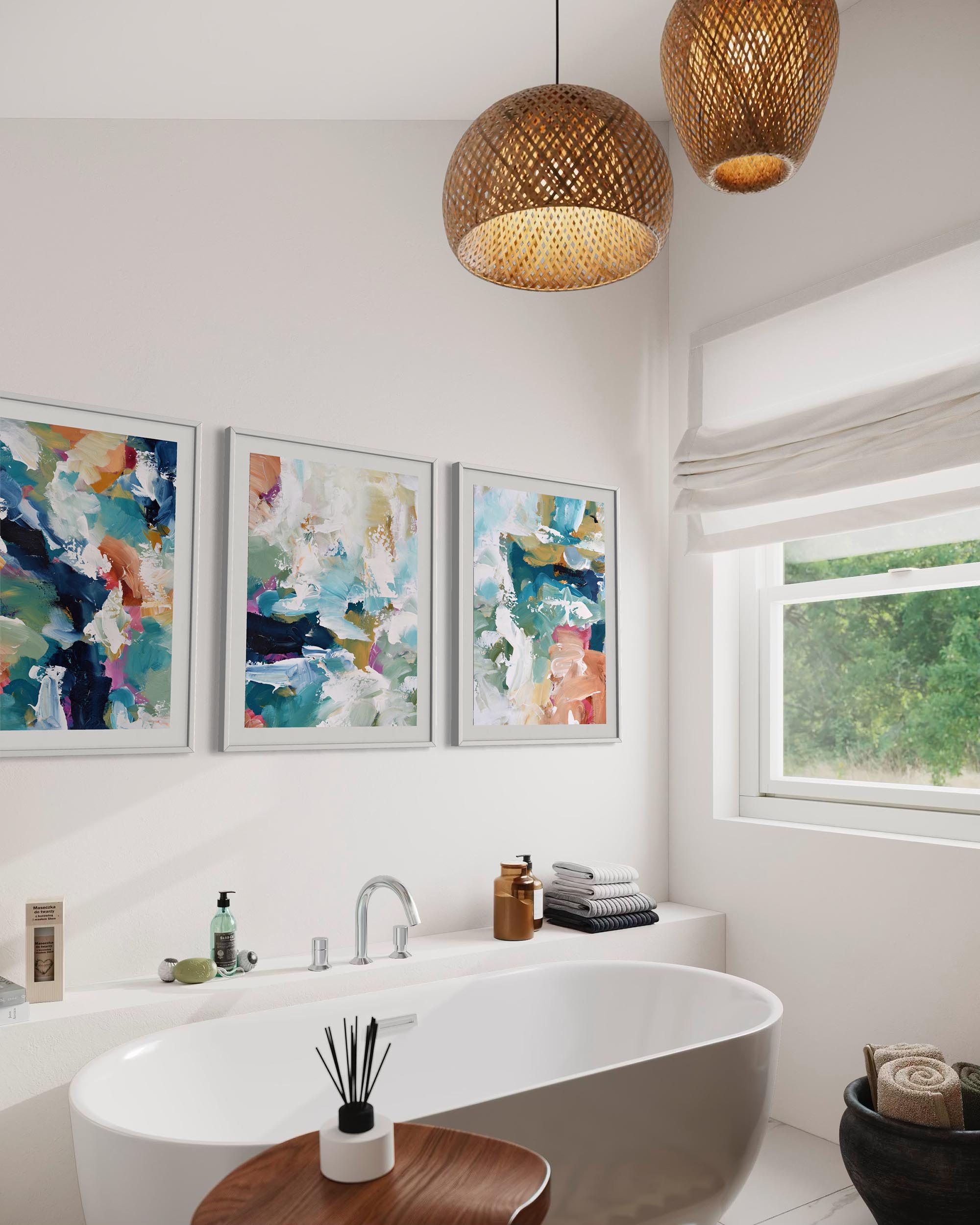 Modern bathroom with abstract art, a bathtub, and decorative elements.