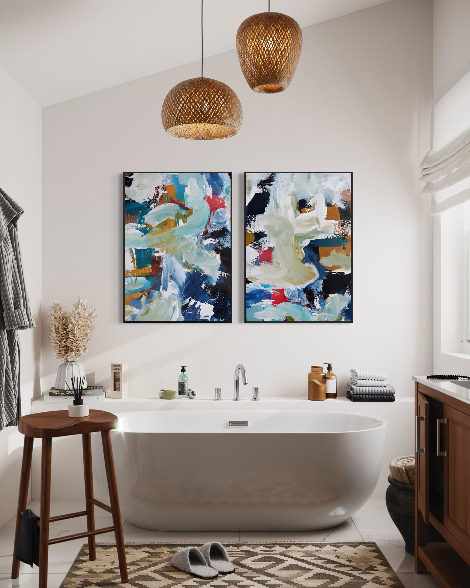 Bathroom interior with a bathtub, abstract art on the wall, and wooden stool.