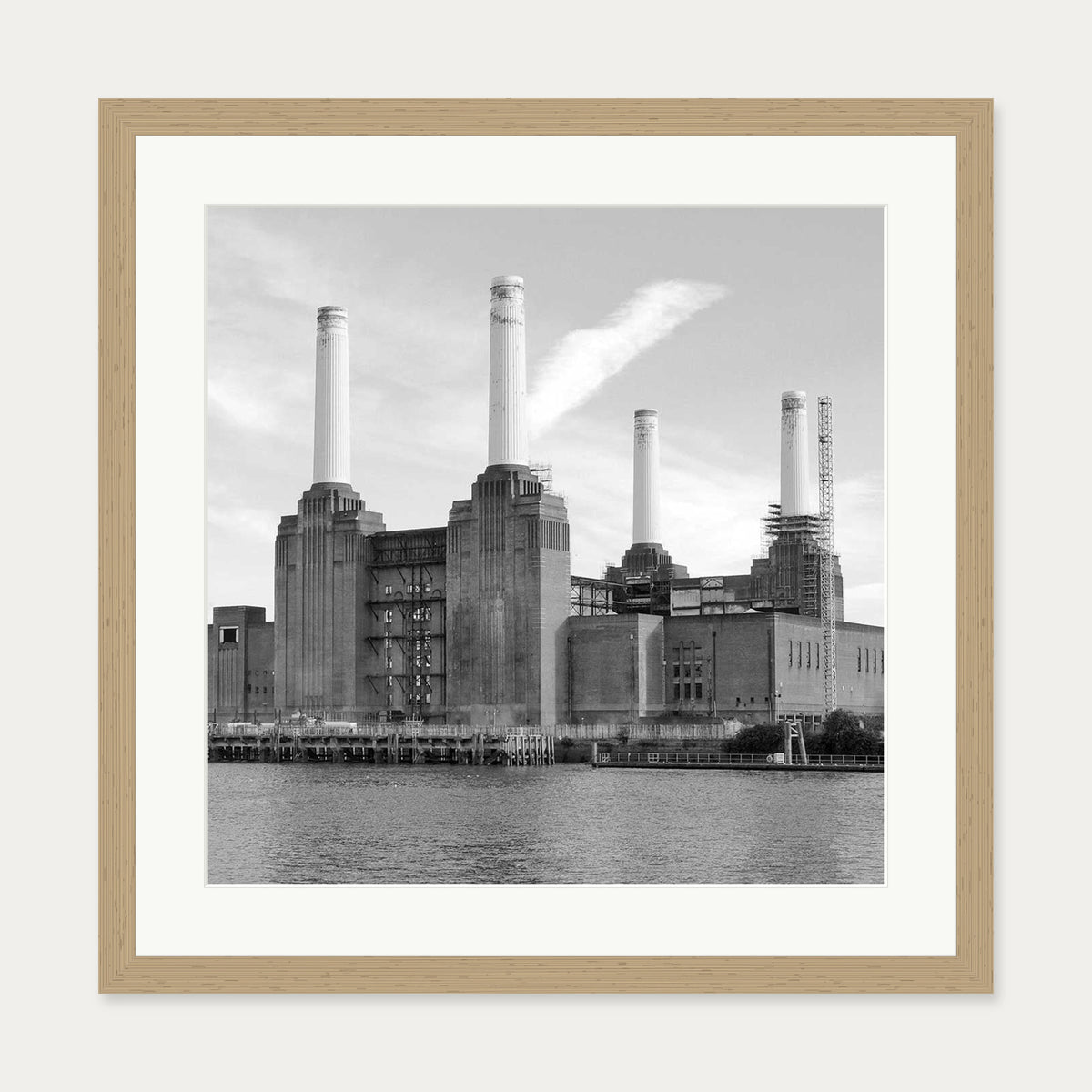 Battersea Power Station Monochrome Art Print — 50 x 50 cm — Oak Frame