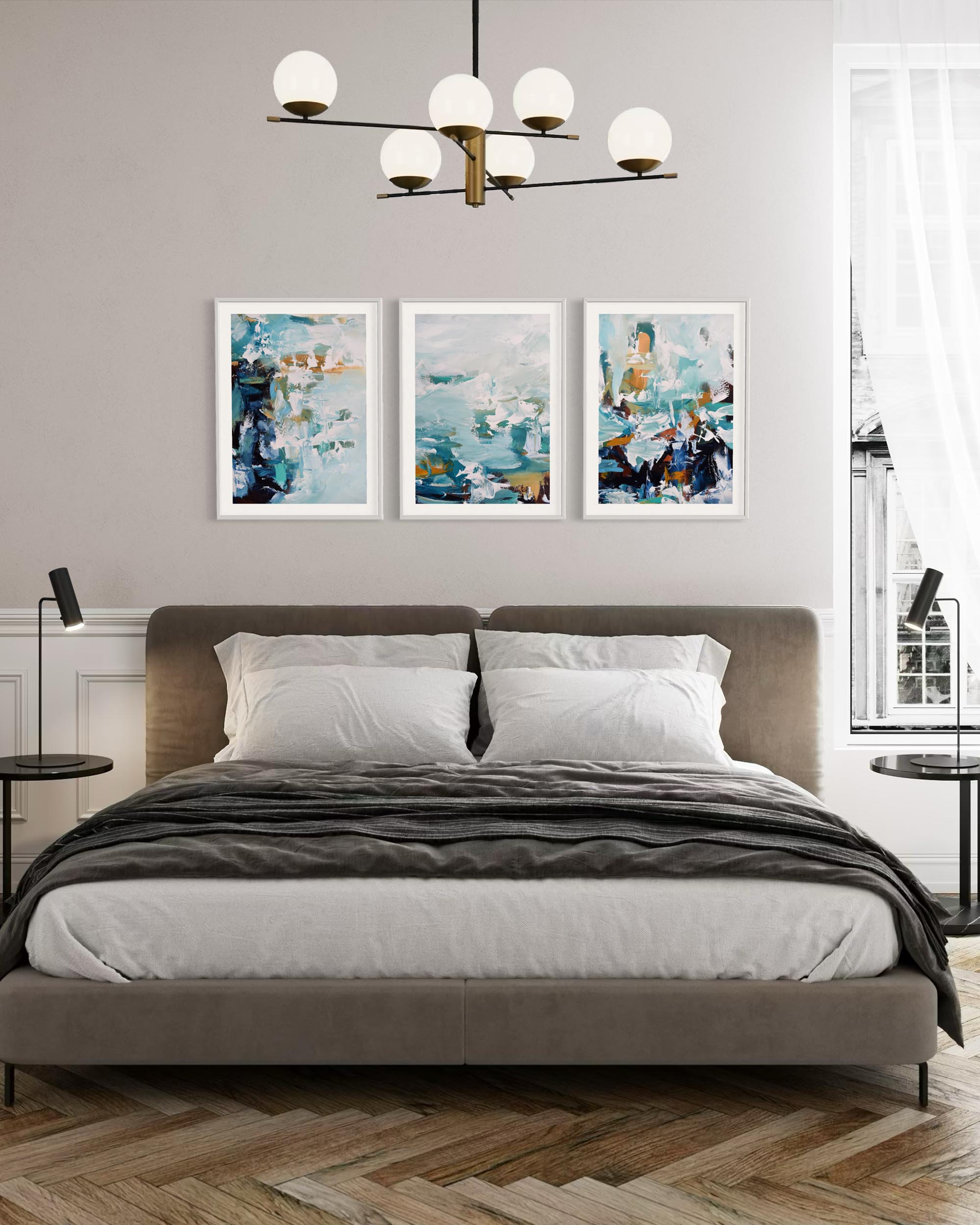 Modern bedroom with a bed, side tables, and abstract wall art.
