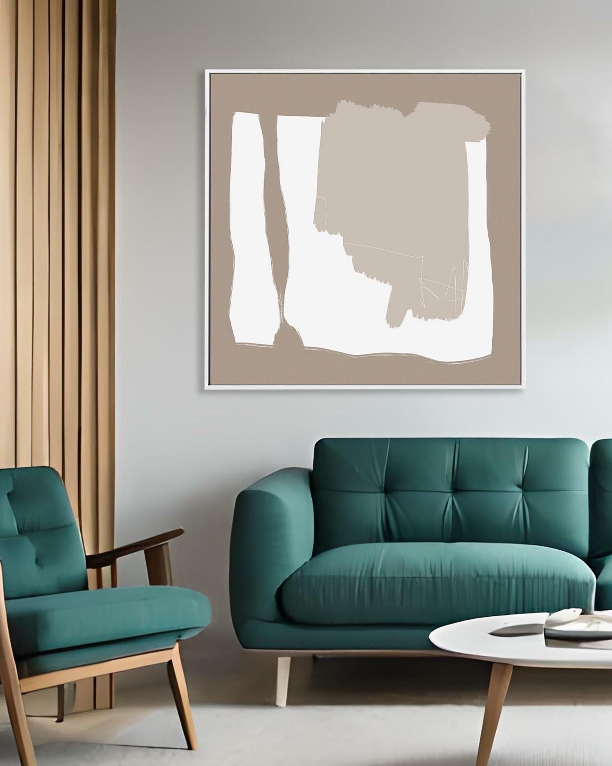 Modern living room with teal sofa and chair, abstract art on the wall, and wooden side table.