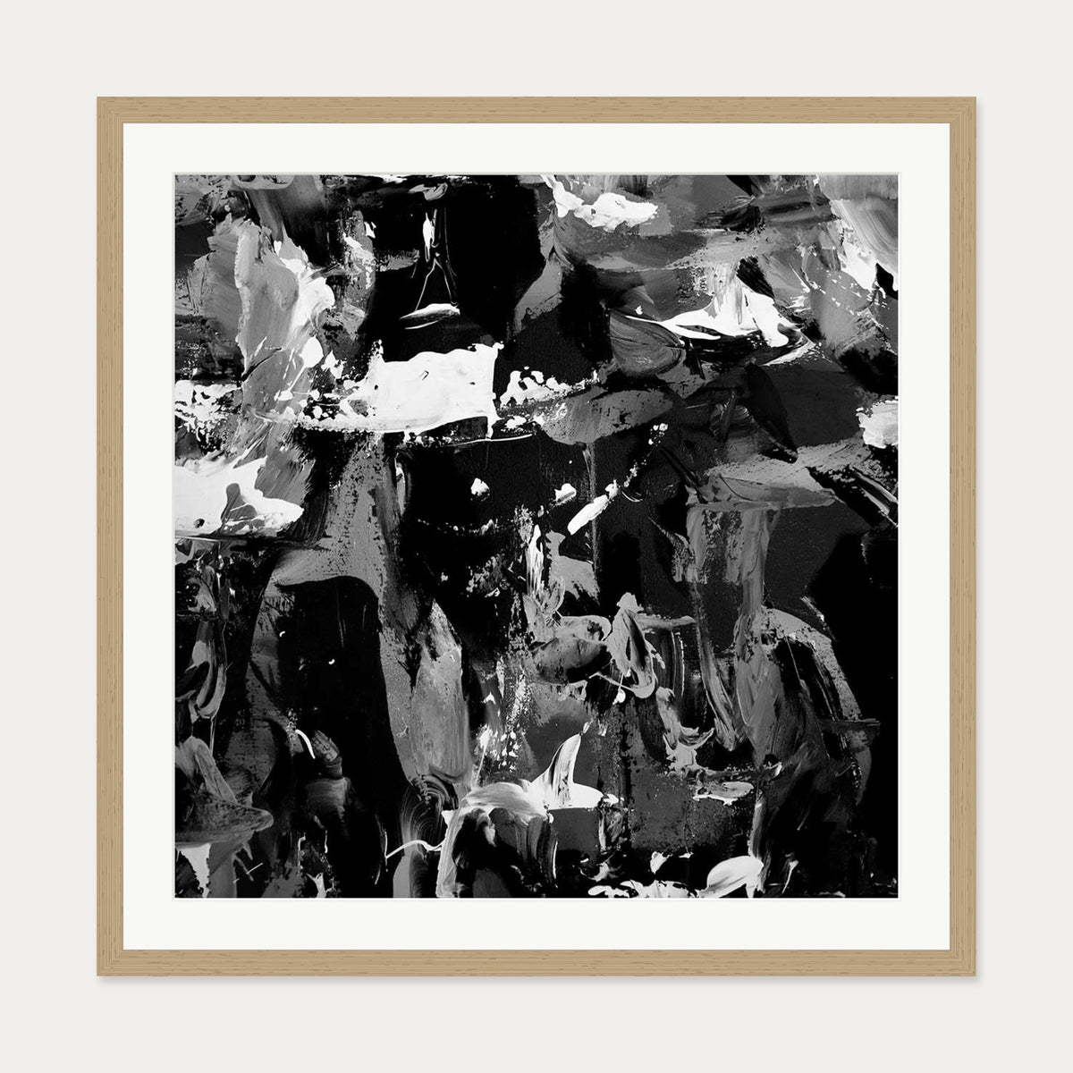 Black Abstraction III Art Print — 70 x 70 cm — Oak Frame