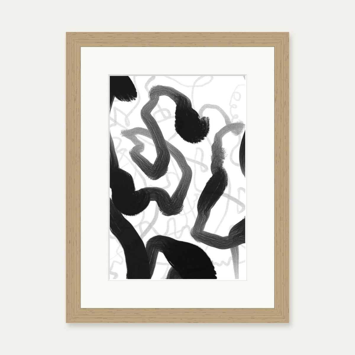 Black And White Brush Strokes Art Print — 30 x 40 cm — Oak Frame