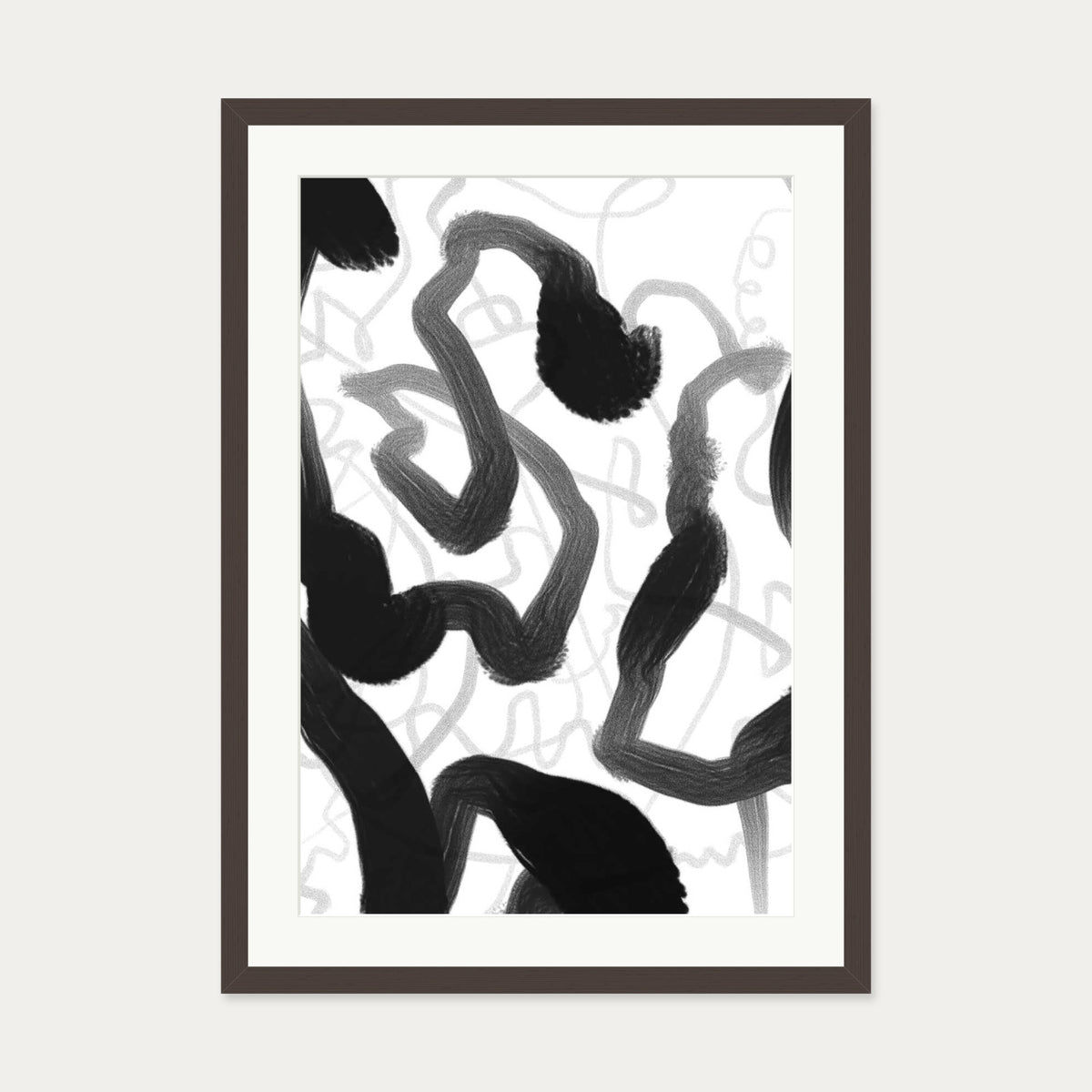 Black And White Brush Strokes Art Print — 50 x 70 cm — Brown Frame