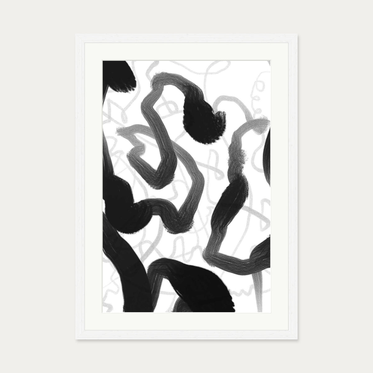 Black And White Brush Strokes Art Print — 50 x 70 cm — White Frame